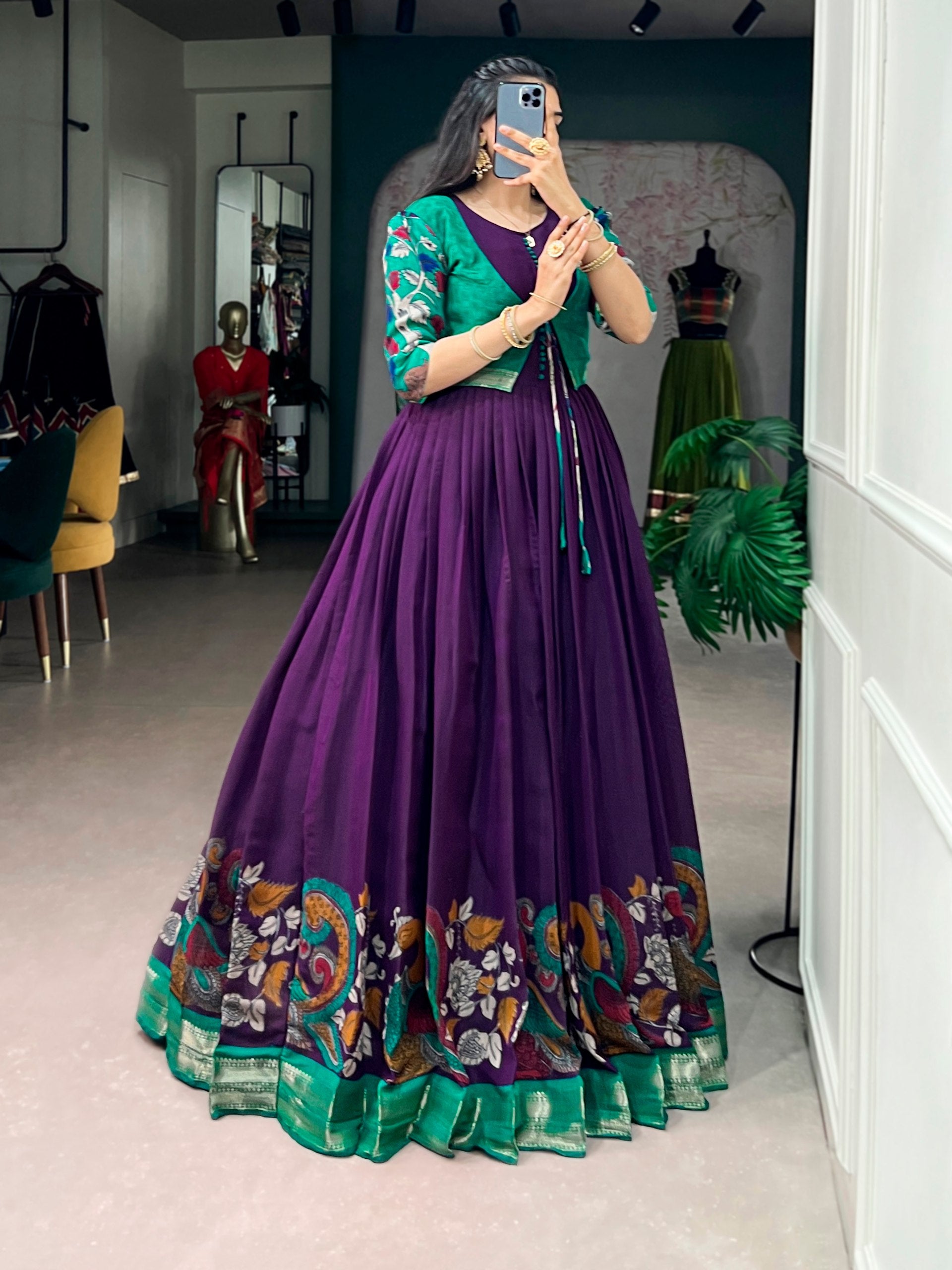 Purple Pure Polyester Viscose Chanderi Cotton Kalamkari Printed Anarkali Long Gown