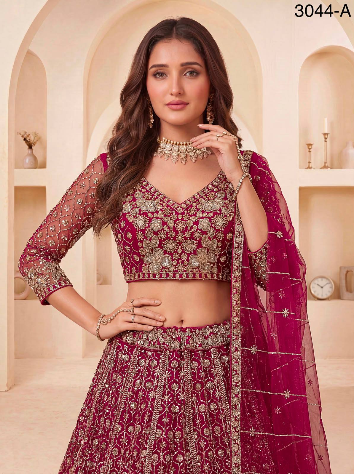 Red Pure Heavy Net Motif Sequins Zari Embroidery Work Net Bridal Lehenga Choli