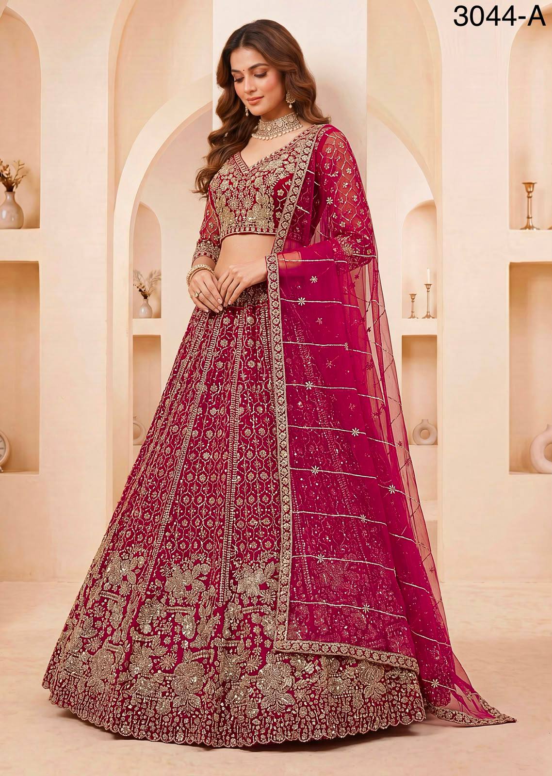 Red Pure Heavy Net Motif Sequins Zari Embroidery Work Net Bridal Lehenga Choli
