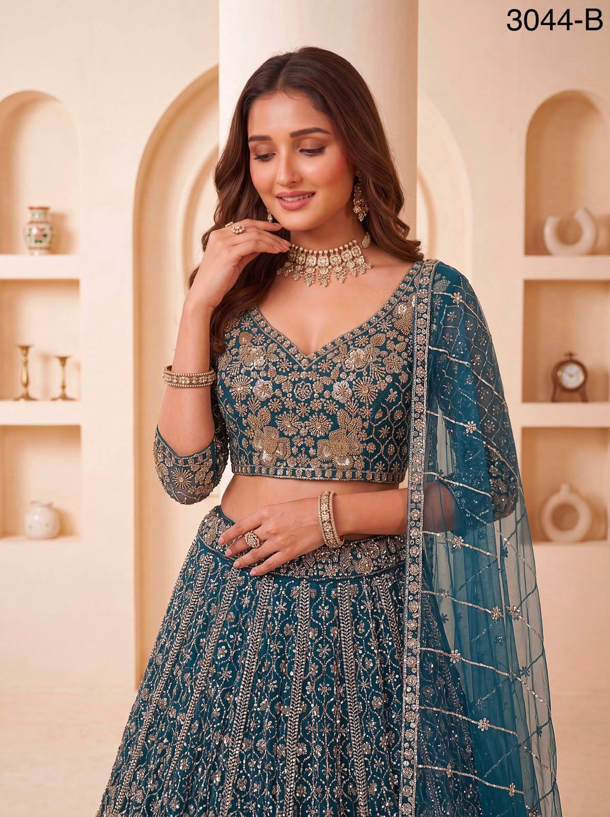 Blue Pure Heavy Net Motif Sequins Zari Embroidery Work Net Bridal Lehenga Choli