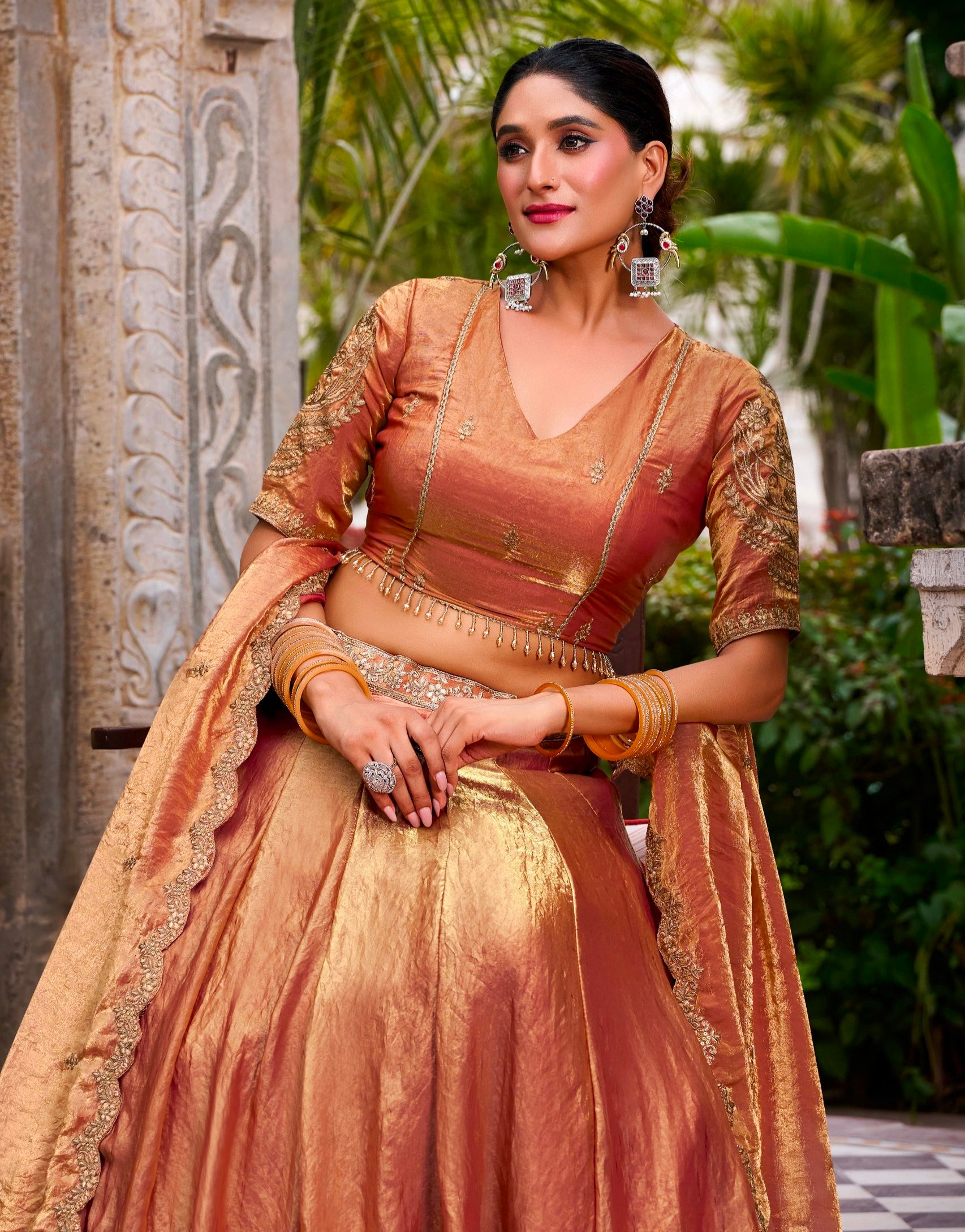 Orange Pure Fendi Silk Sequins & Thread Embroidery Work Lehenga Choli
