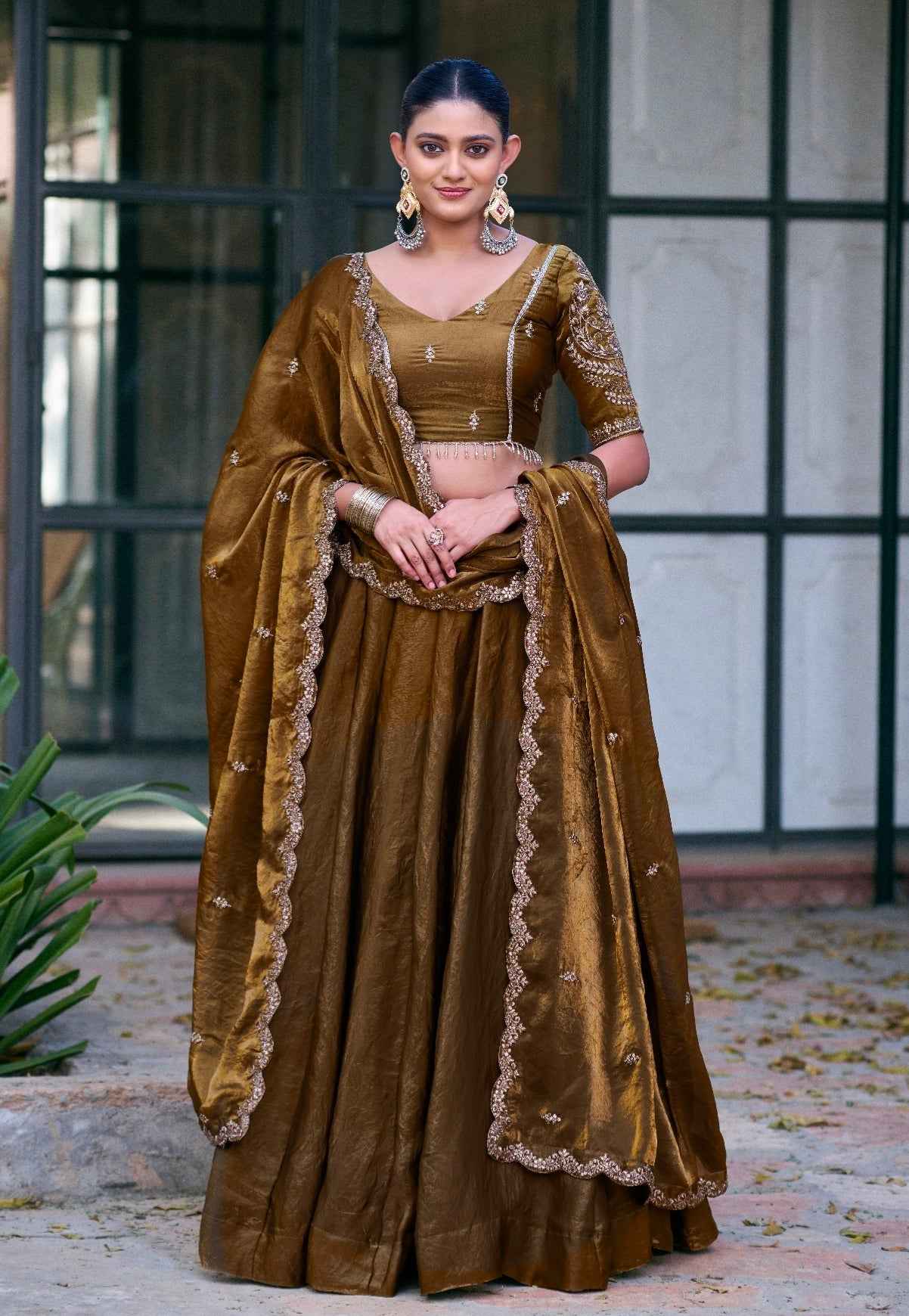 Brown Pure Fendi Silk Sequins & Thread Embroidery Work Lehenga Choli