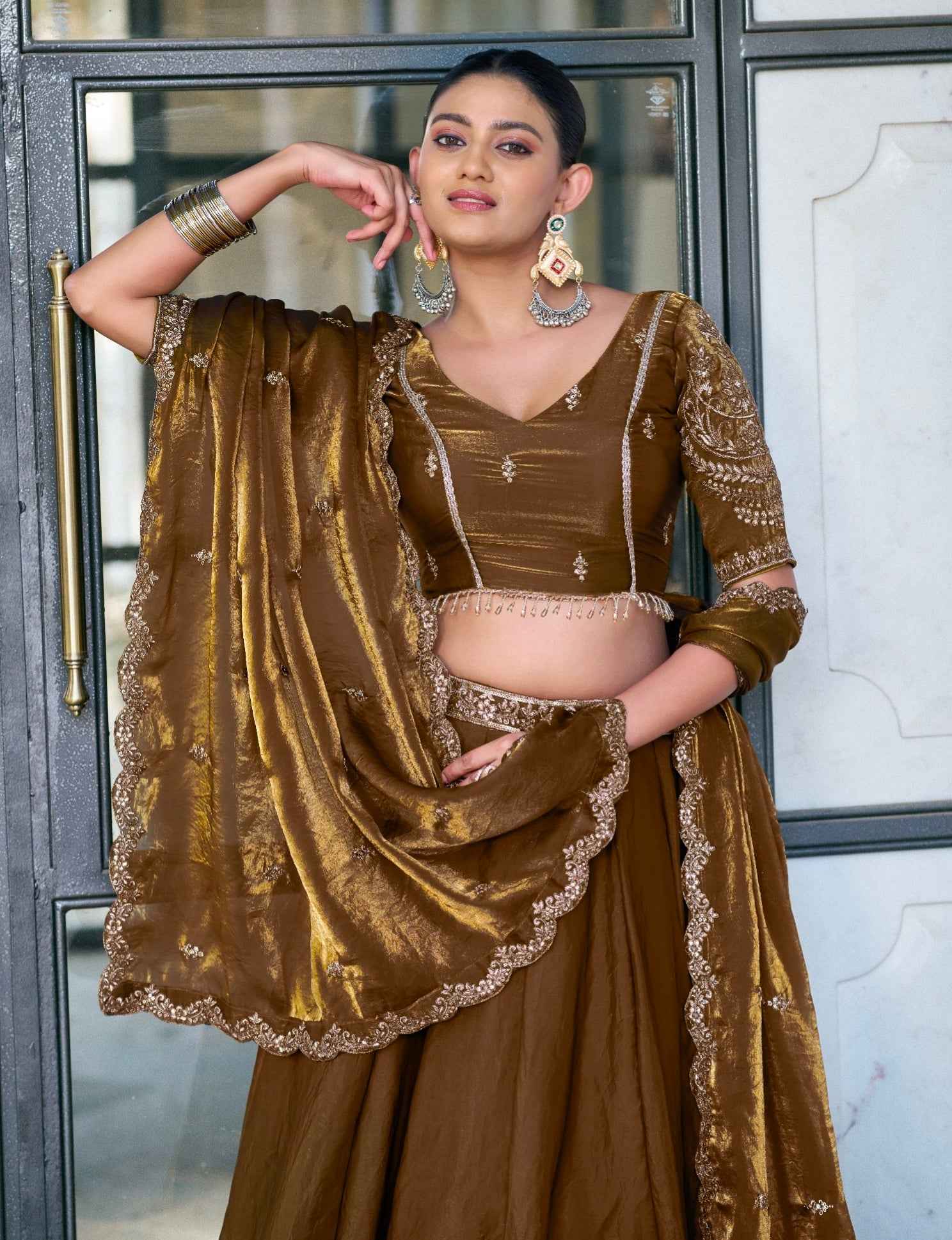 Brown Pure Fendi Silk Sequins & Thread Embroidery Work Lehenga Choli