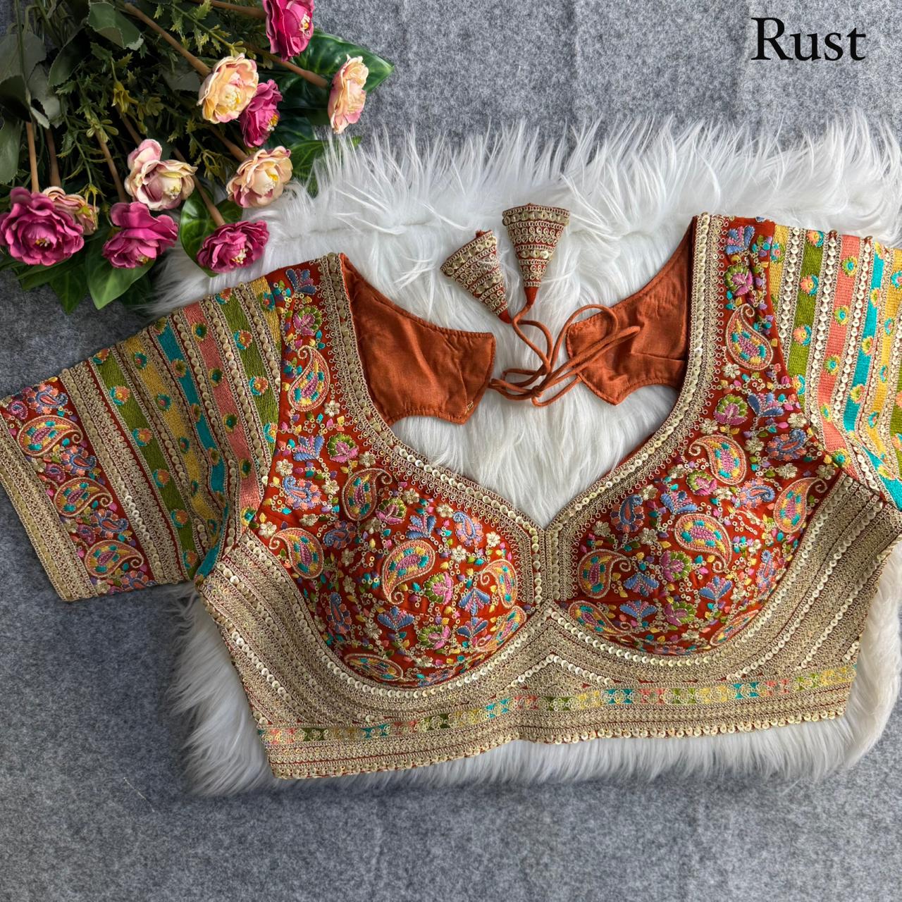 Rust Pure Fox Georgette Kashmiri Work Sabyasachi Inspired Bridal Blouse