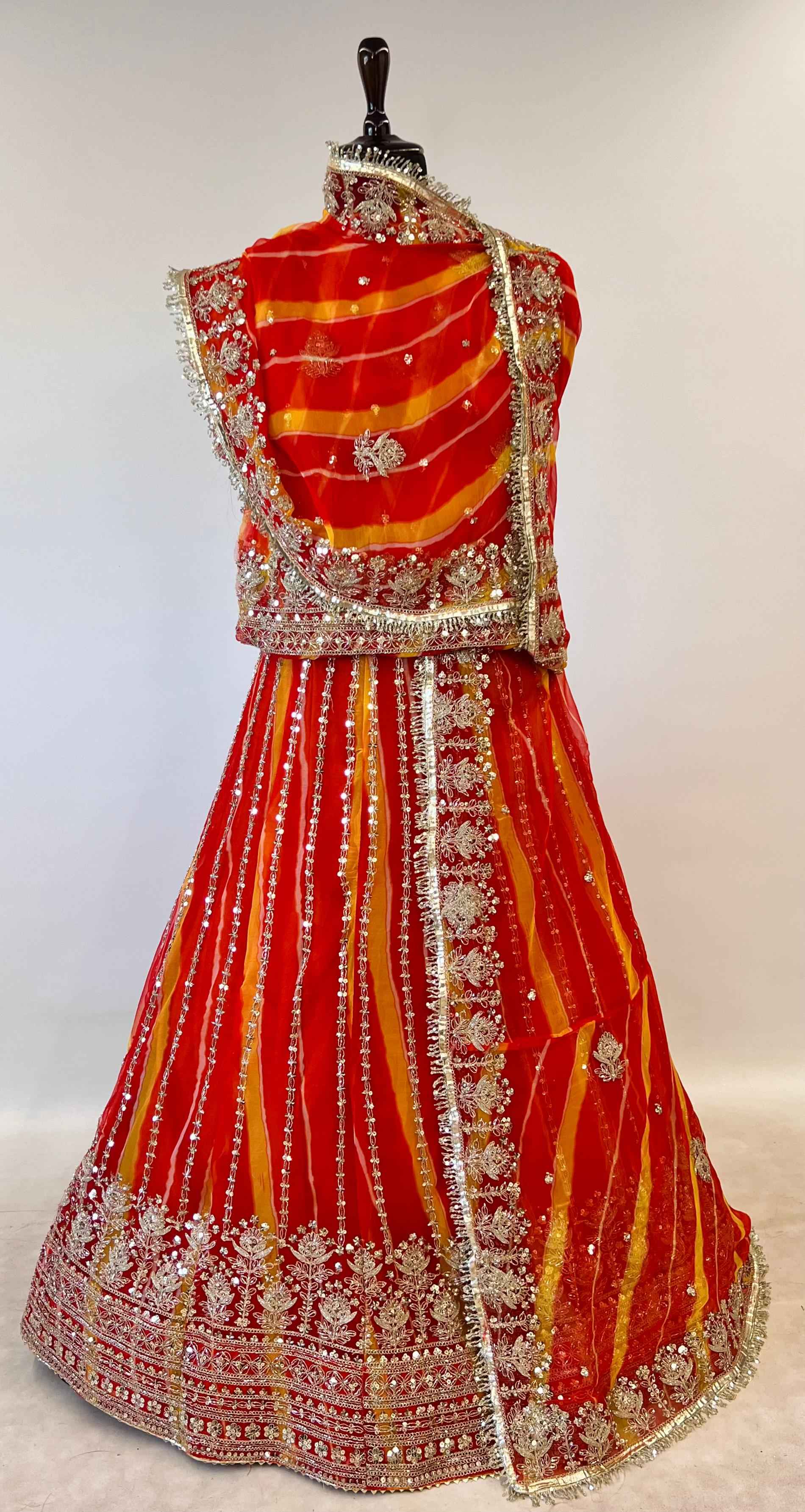 Orange Pure Semi Georgette Lahariya Print Gotta Patti Rajasthani Rajputi Lehenga Choli