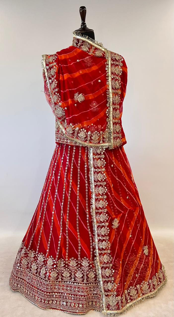 Red Pure Semi Georgette Lahariya Print Gotta Patti Rajasthani Rajputi Lehenga Choli