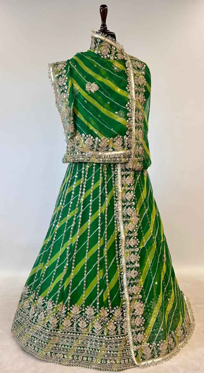 Green Pure Semi Georgette Lahariya Print Gotta Patti Rajasthani Rajputi Lehenga Choli