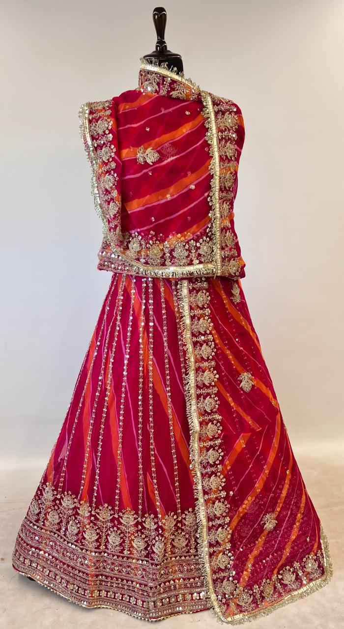 Orange Pure Semi Georgette Lahariya Print Gotta Patti Rajasthani Rajputi Lehenga Choli