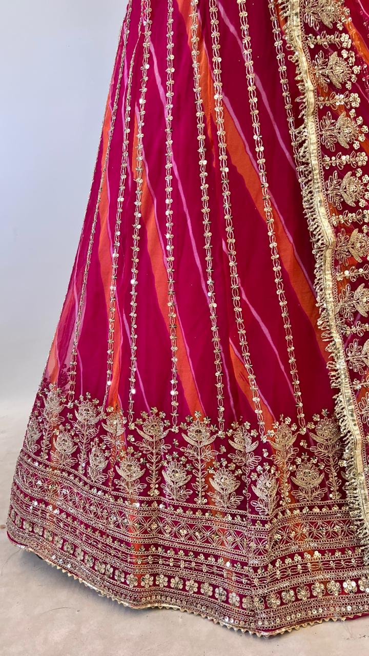 Orange Pure Semi Georgette Lahariya Print Gotta Patti Rajasthani Rajputi Lehenga Choli