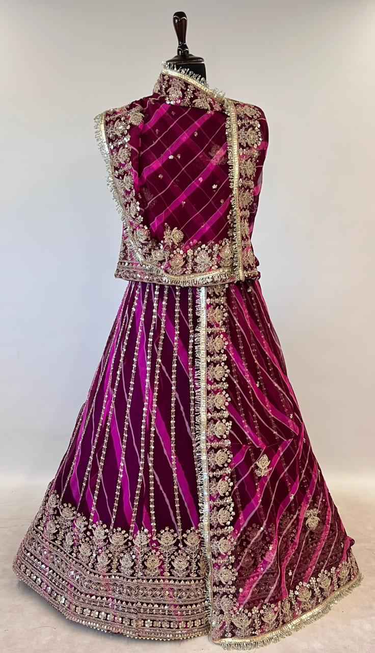 Magenta Pure Semi Georgette Lahariya Print Gotta Patti Rajasthani Rajputi Lehenga Choli