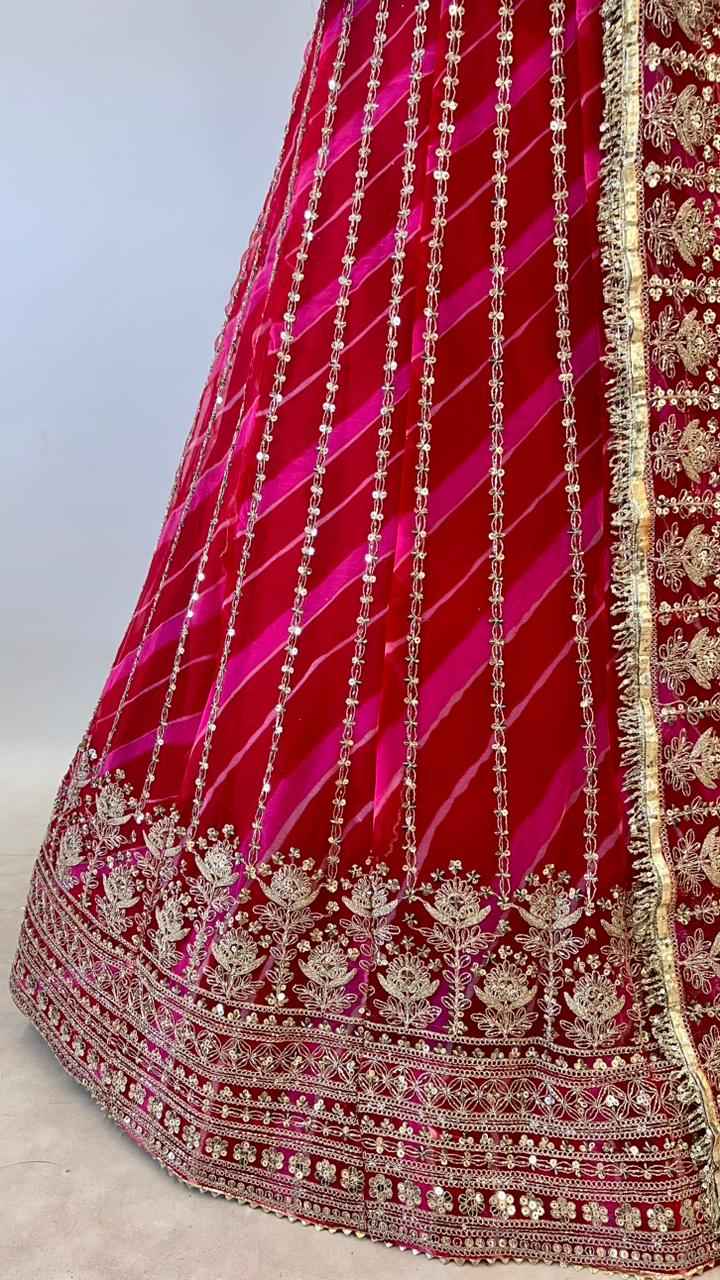 Red Pure Semi Georgette Lahariya Print Gotta Patti Rajasthani Rajputi Lehenga Choli