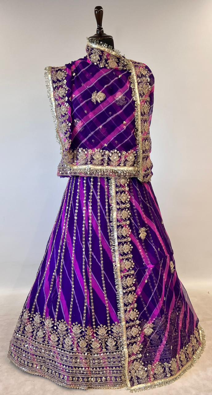 Purple Pure Semi Georgette Lahariya Print Gotta Patti Rajasthani Rajputi Lehenga Choli