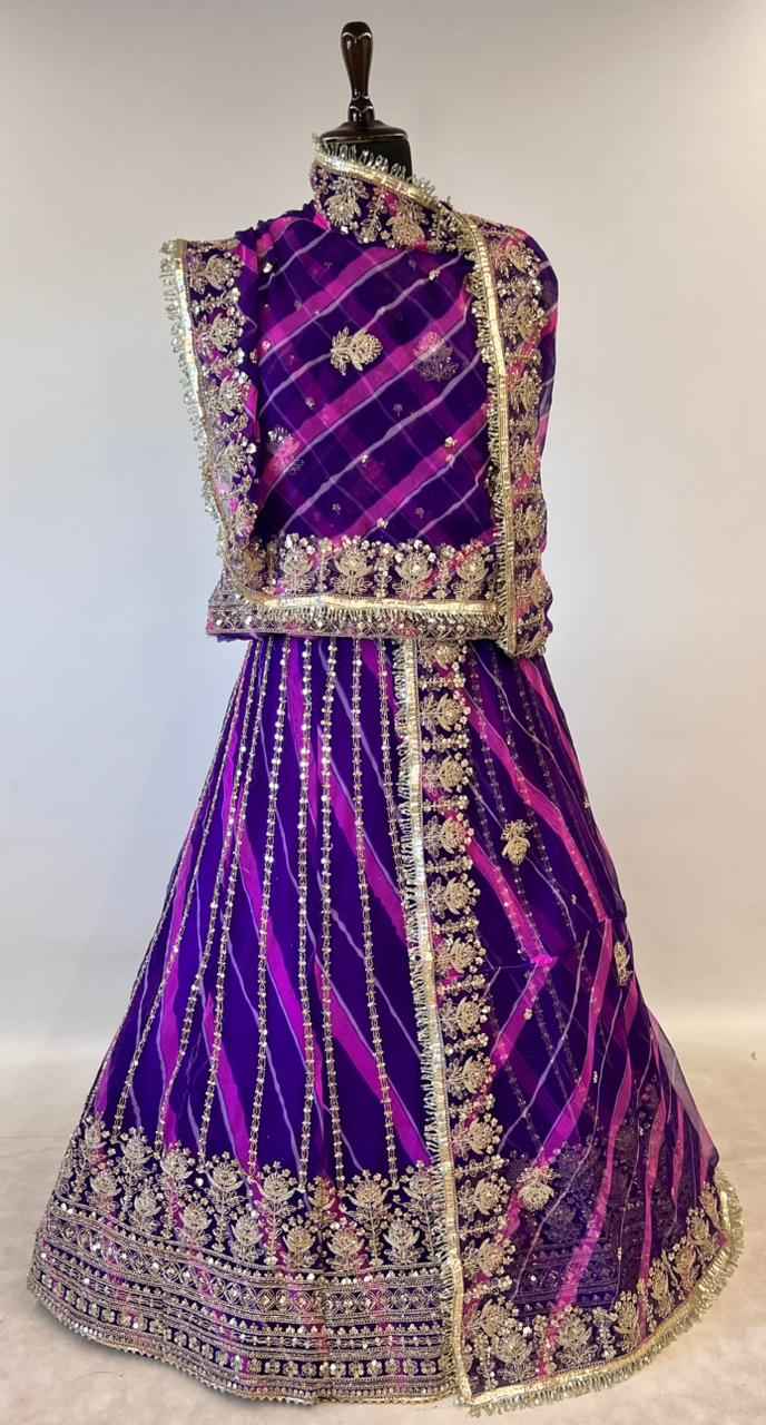 Purple Pure Semi Georgette Lahariya Print Gotta Patti Rajasthani Rajputi Lehenga Choli