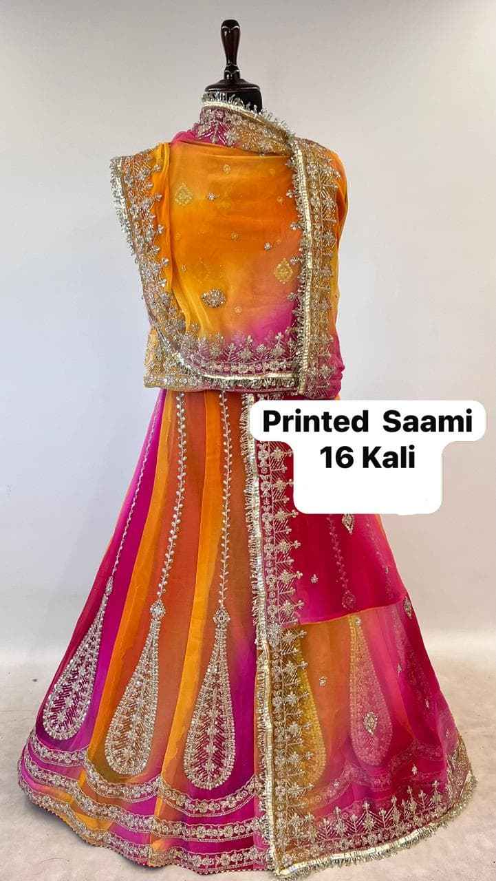 Orange Pure Semi Georgette Lahariya Print Gotta Patti Rajasthani Rajputi Lehenga Choli