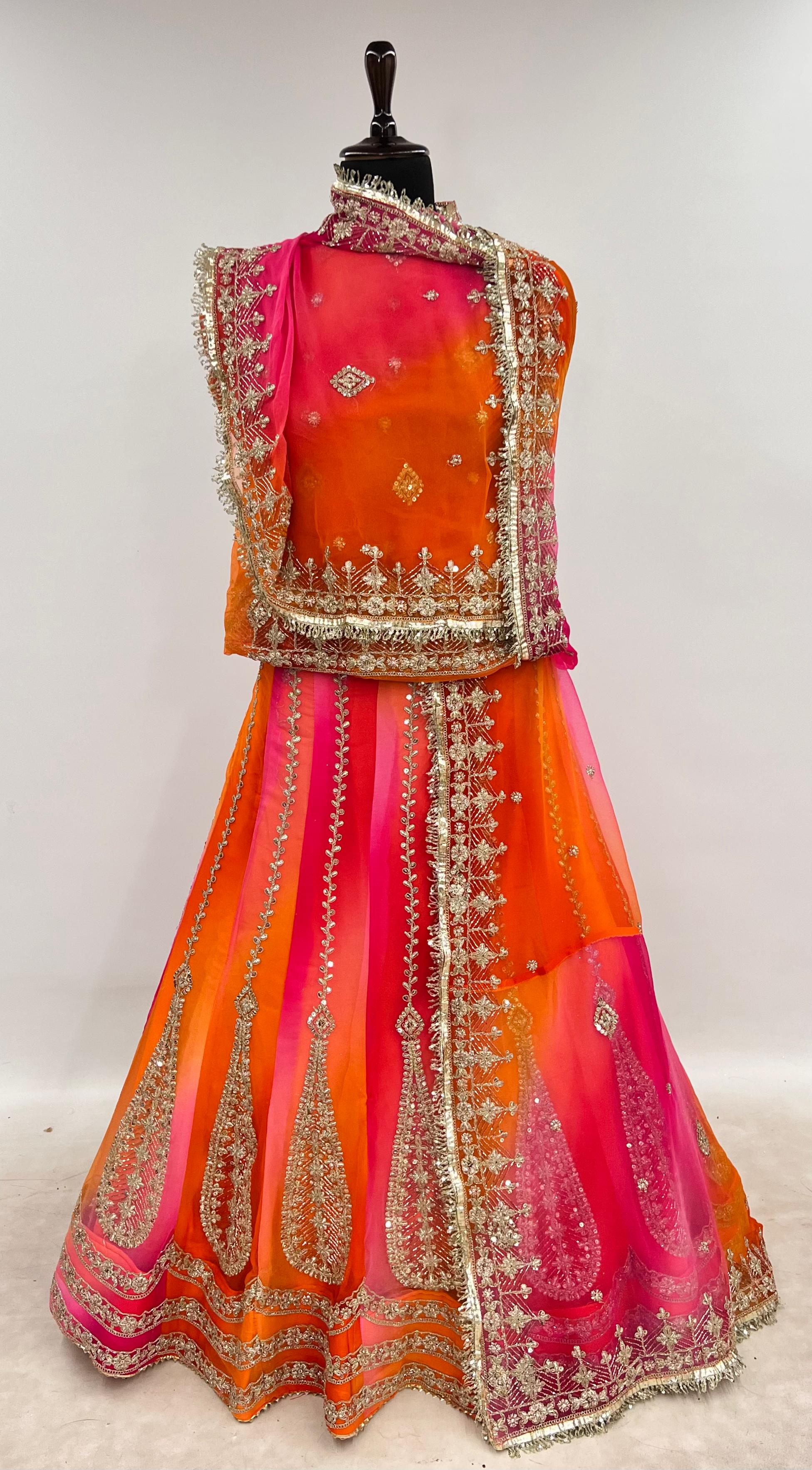 Orange Pink Pure Semi Georgette Lahariya Print Gotta Patti Rajasthani Rajputi Lehenga Choli
