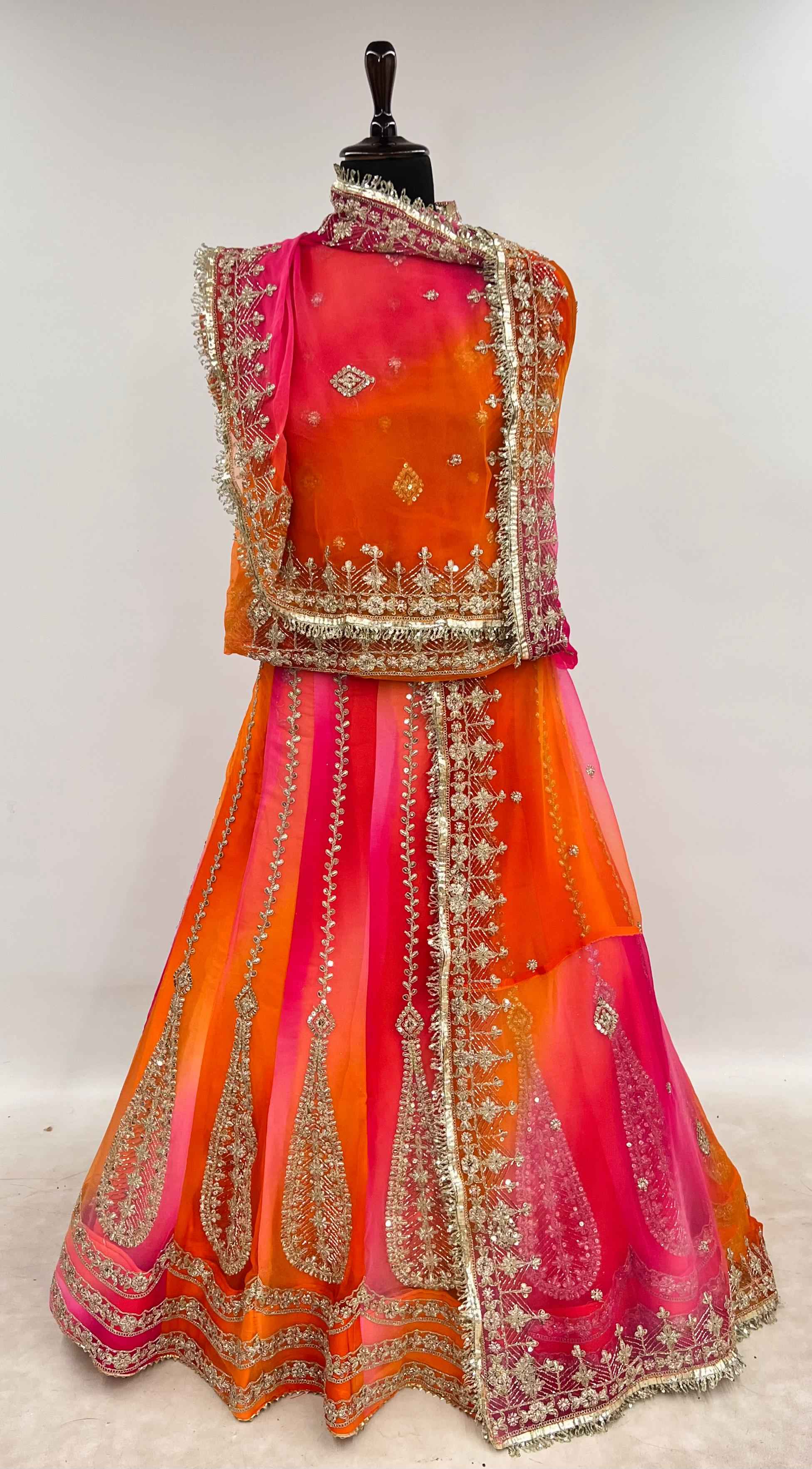 Orange Pink Pure Semi Georgette Lahariya Print Gotta Patti Rajasthani Rajputi Lehenga Choli