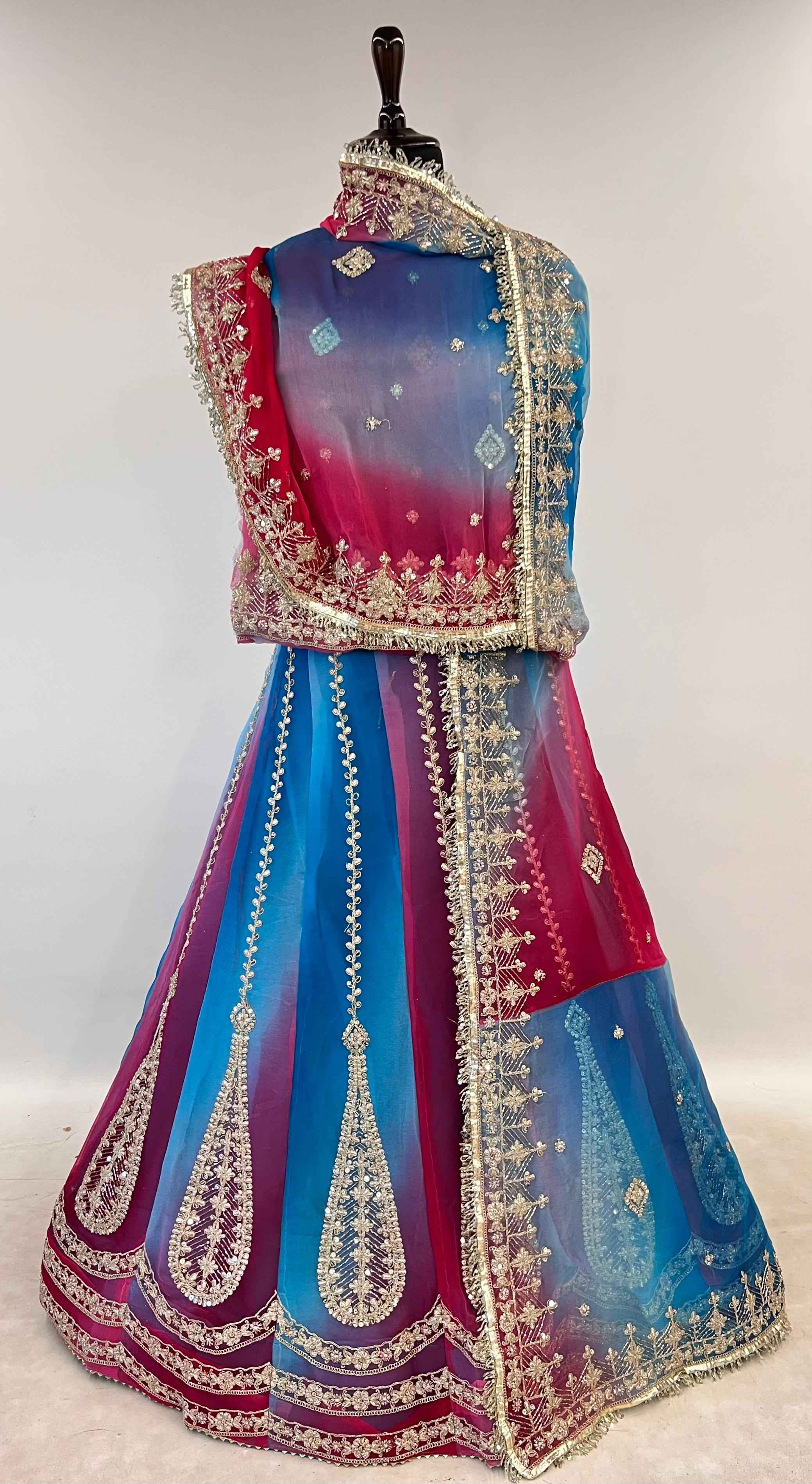 Sky Blue Pure Semi Georgette Lahariya Print Gotta Patti Rajasthani Rajputi Lehenga Choli