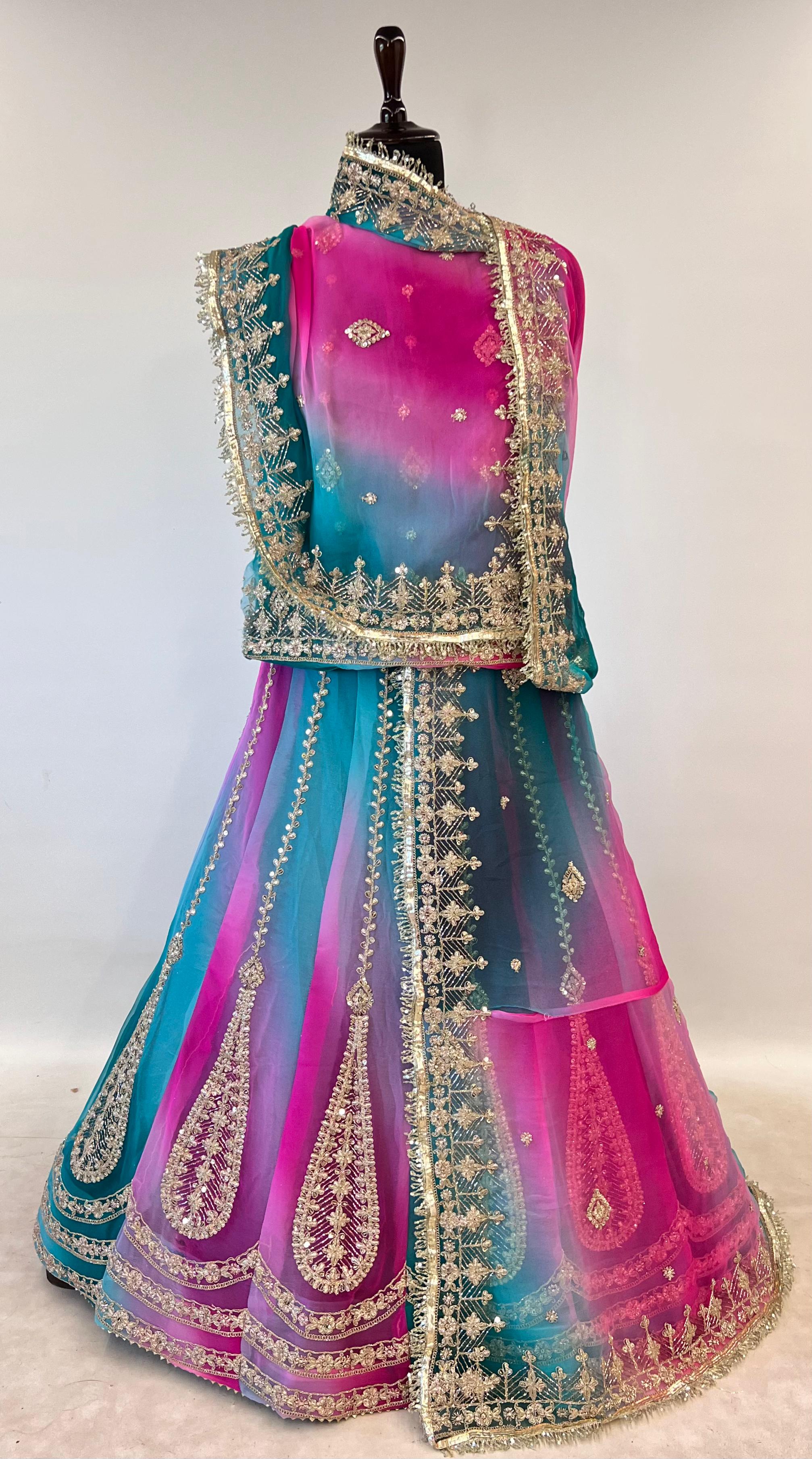 Turquoise Pink Pure Semi Georgette Lahariya Print Gotta Patti Rajasthani Rajputi Lehenga Choli