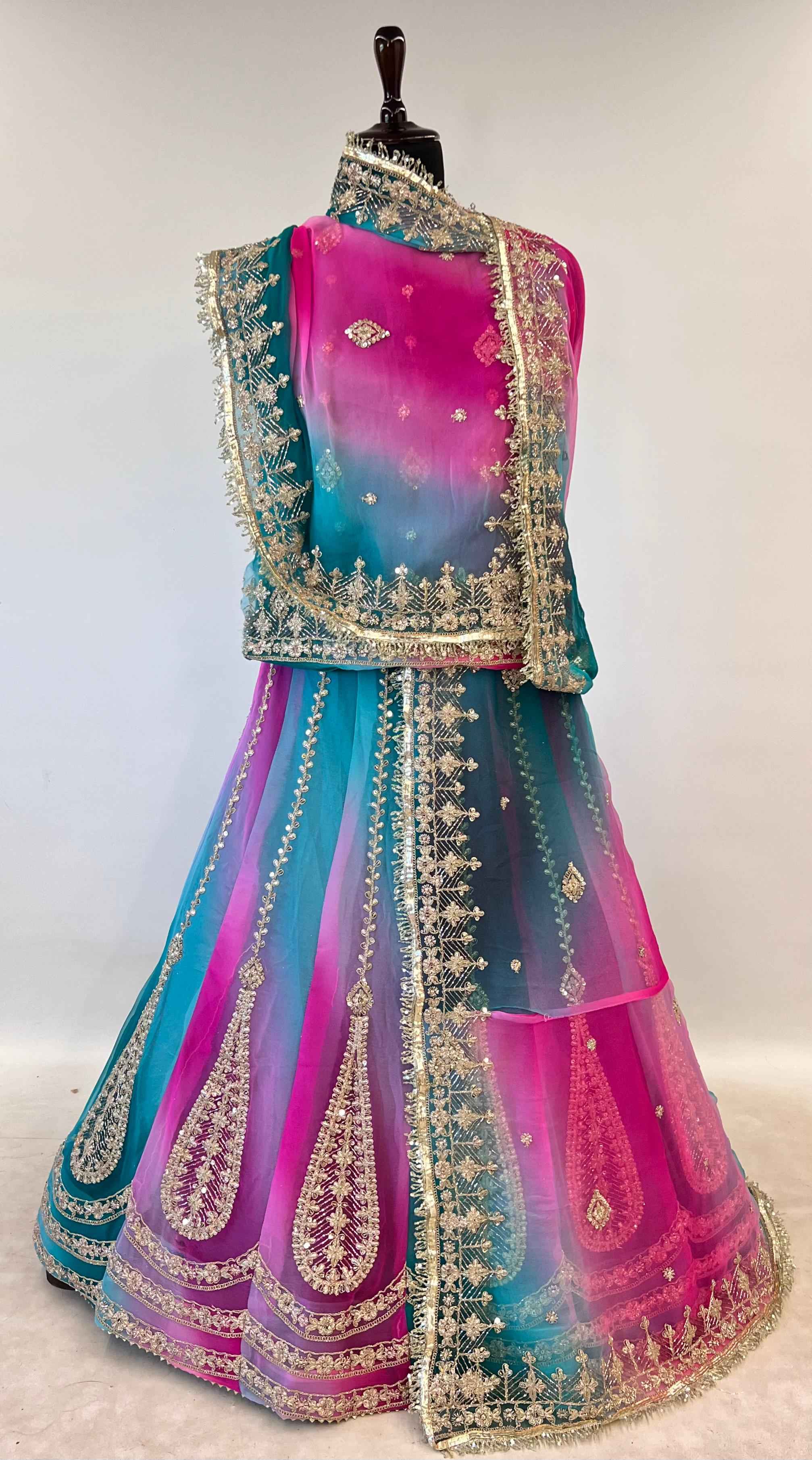 Turquoise Pink Pure Semi Georgette Lahariya Print Gotta Patti Rajasthani Rajputi Lehenga Choli