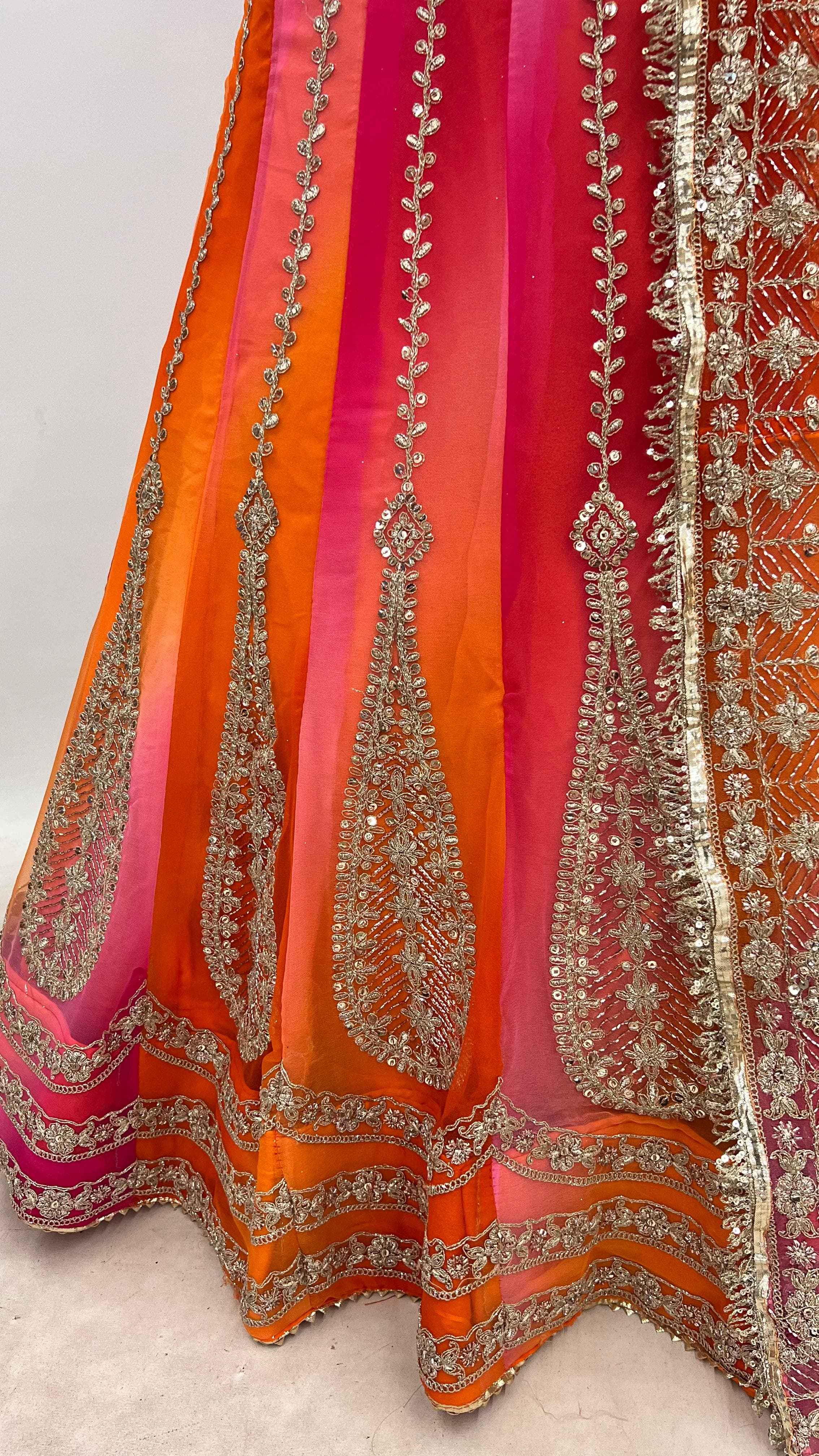 Orange Pink Pure Semi Georgette Lahariya Print Gotta Patti Rajasthani Rajputi Lehenga Choli