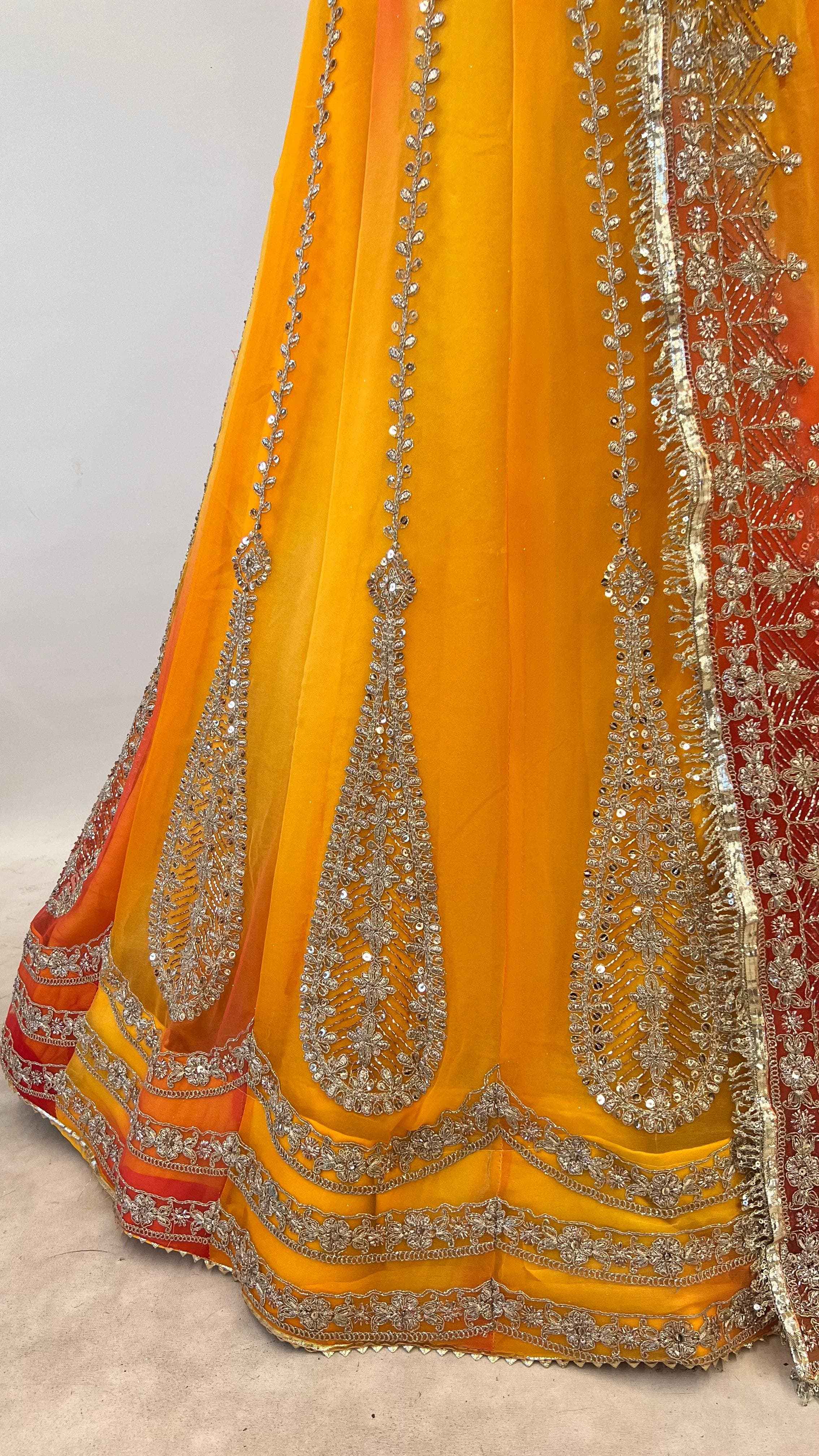 Yellow Pure Semi Georgette Lahariya Print Gotta Patti Rajasthani Rajputi Lehenga Choli