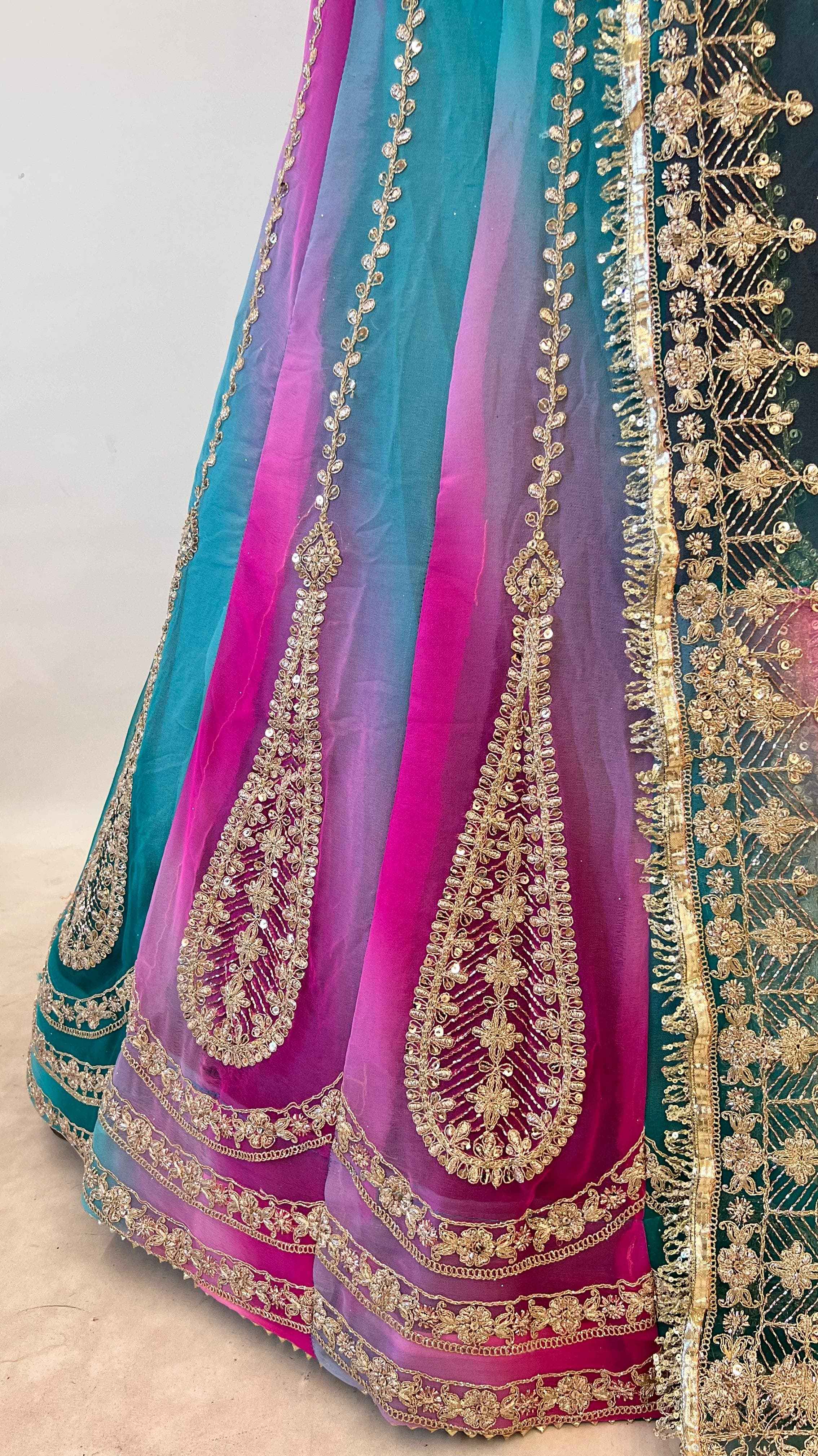Turquoise Pink Pure Semi Georgette Lahariya Print Gotta Patti Rajasthani Rajputi Lehenga Choli
