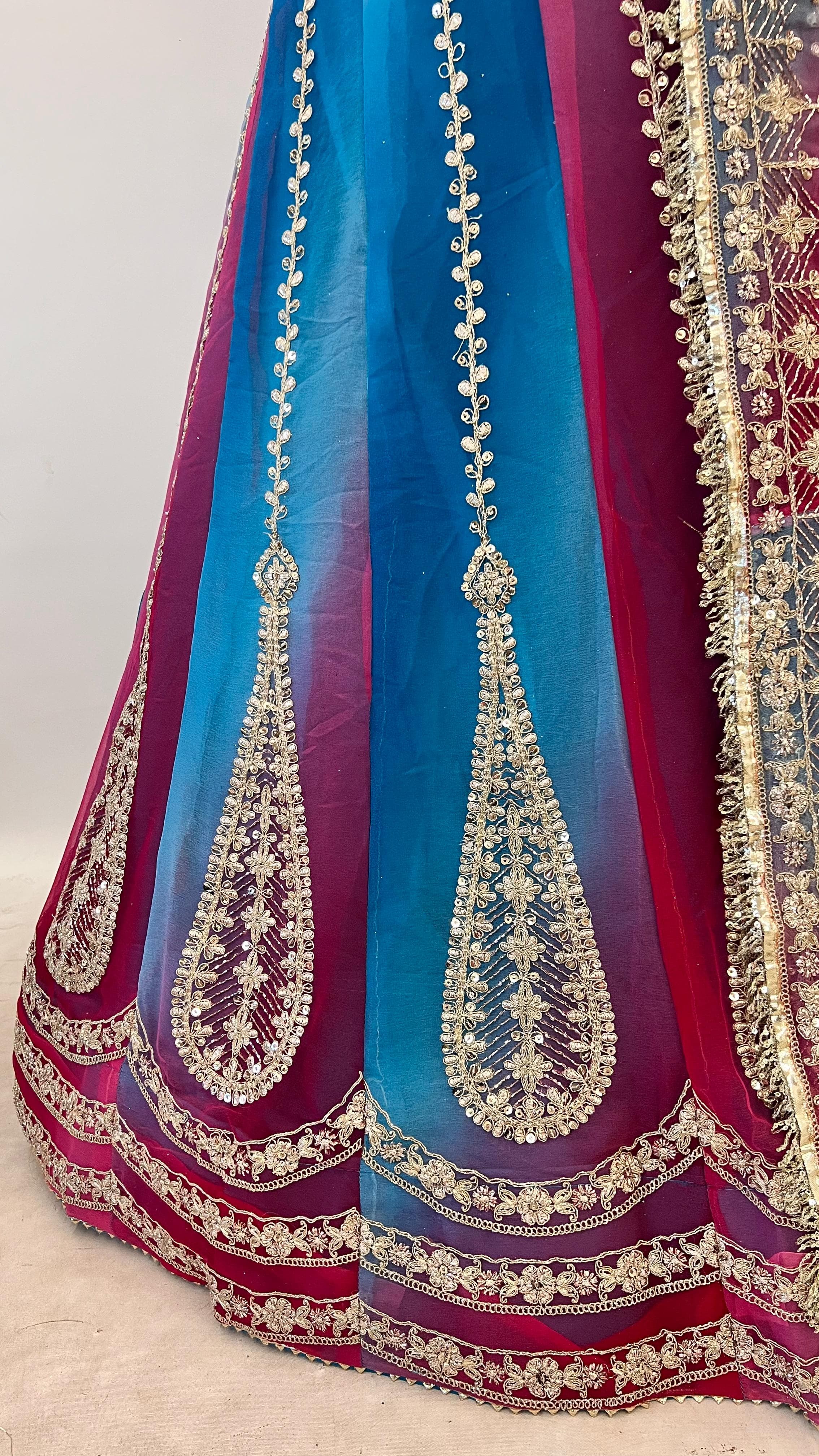 Sky Blue Pure Semi Georgette Lahariya Print Gotta Patti Rajasthani Rajputi Lehenga Choli
