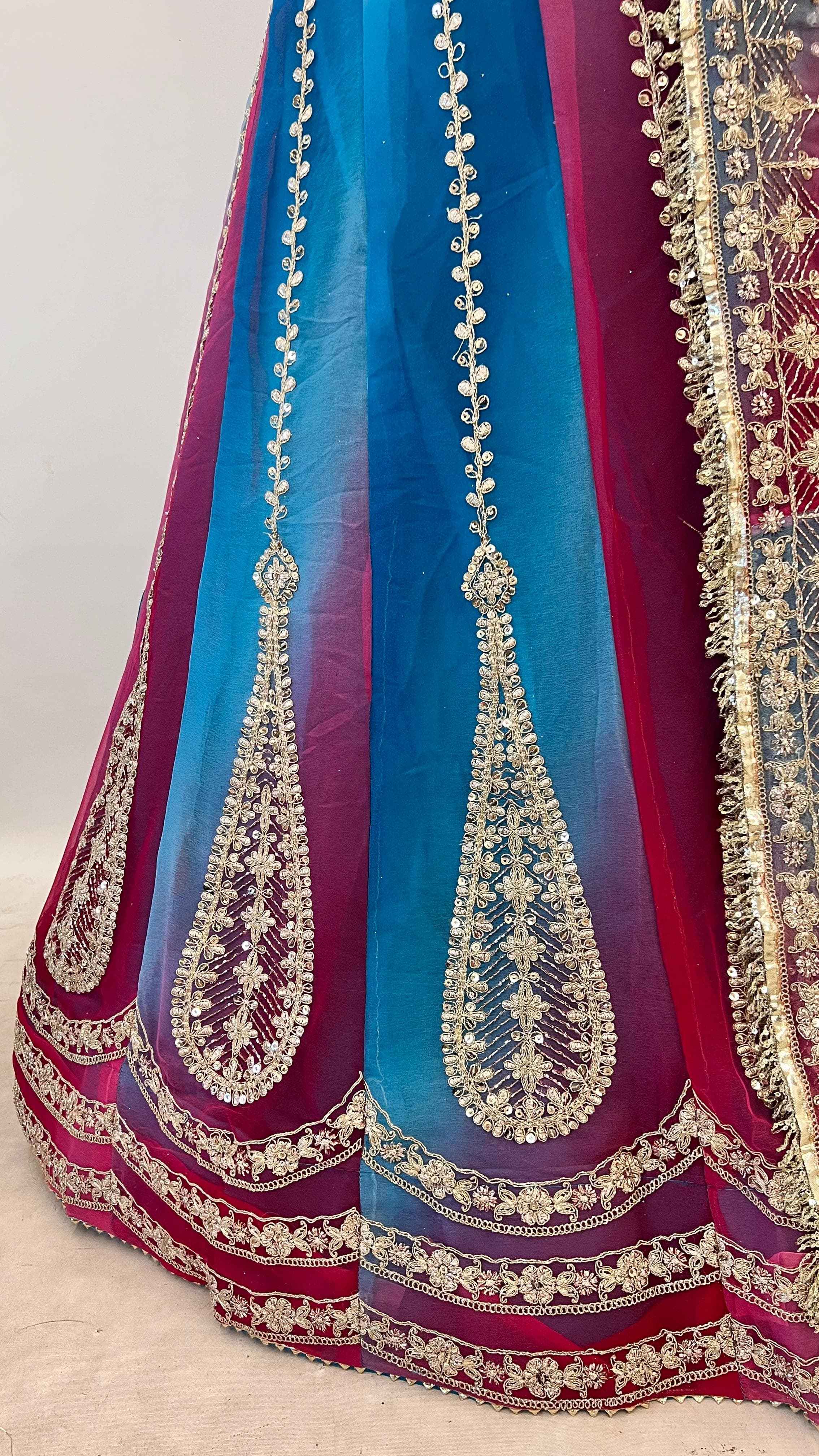 Sky Blue Pure Semi Georgette Lahariya Print Gotta Patti Rajasthani Rajputi Lehenga Choli