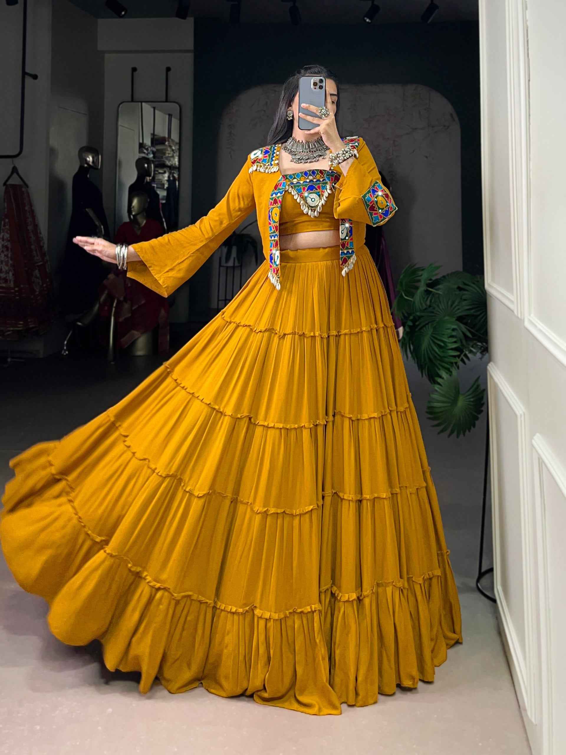 Mustard Pure Rayon Traditional Gamthi Work Navratri Lehenga Choli