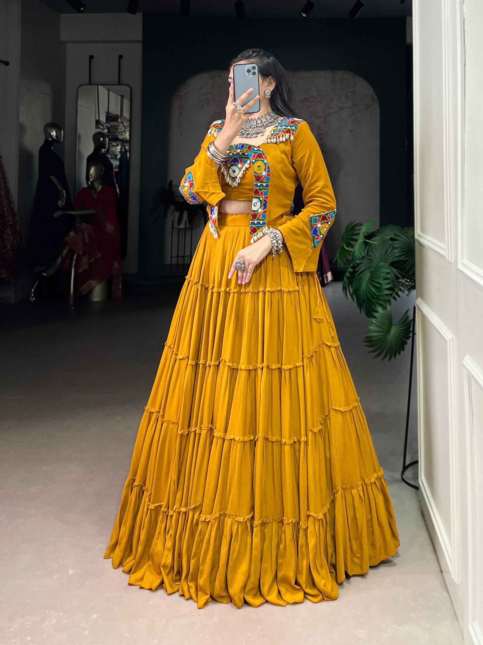 Mustard Pure Rayon Traditional Gamthi Work Navratri Lehenga Choli