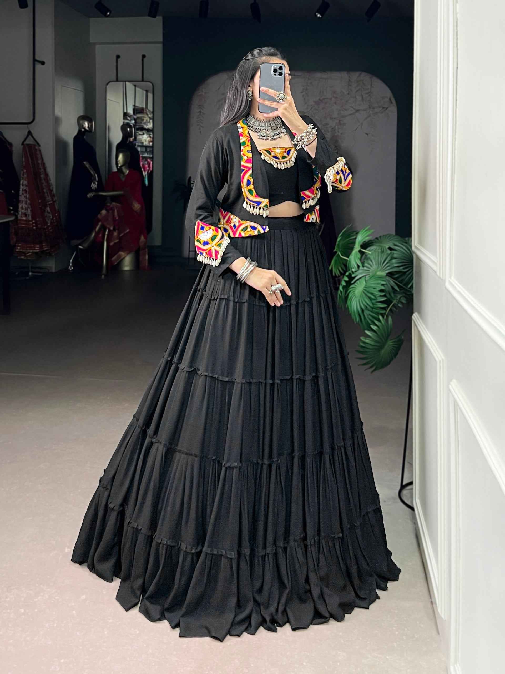 Black Pure Rayon Traditional Gamthi Work Navratri Lehenga Choli