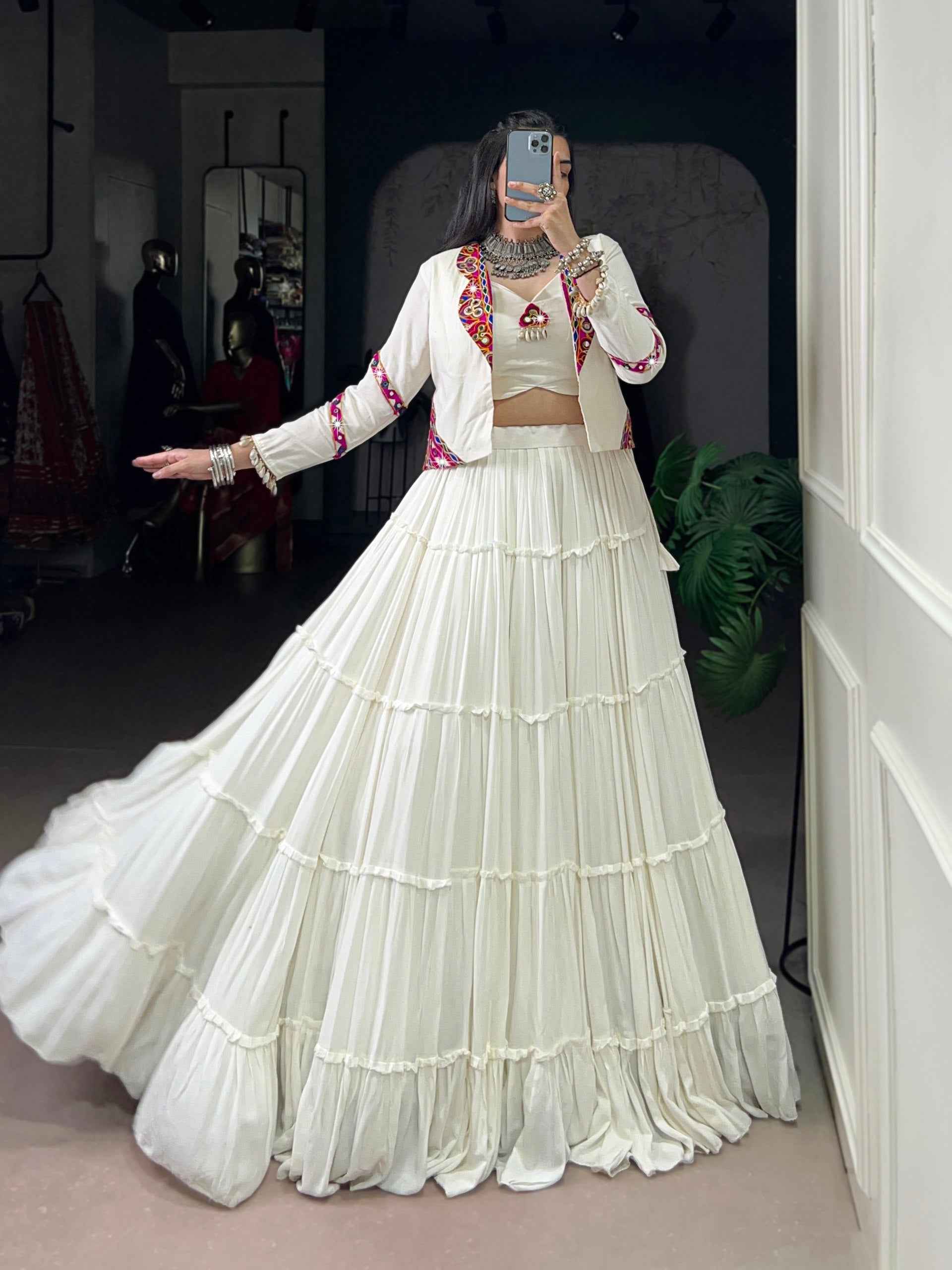 White Pure Rayon Traditional Gamthi Work Navratri Lehenga Choli