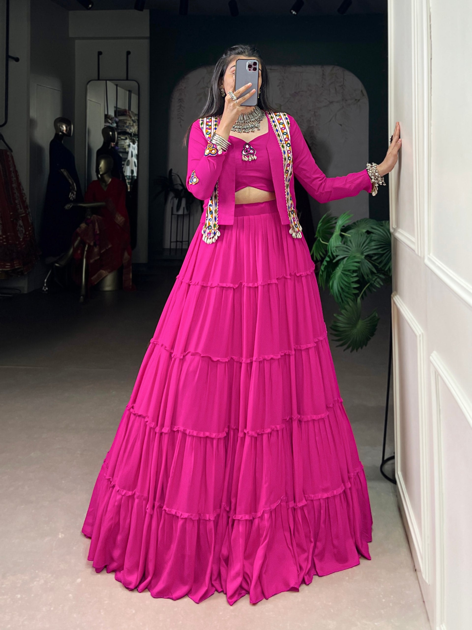 Pink Pure Rayon Traditional Gamthi Work Navratri Lehenga Choli