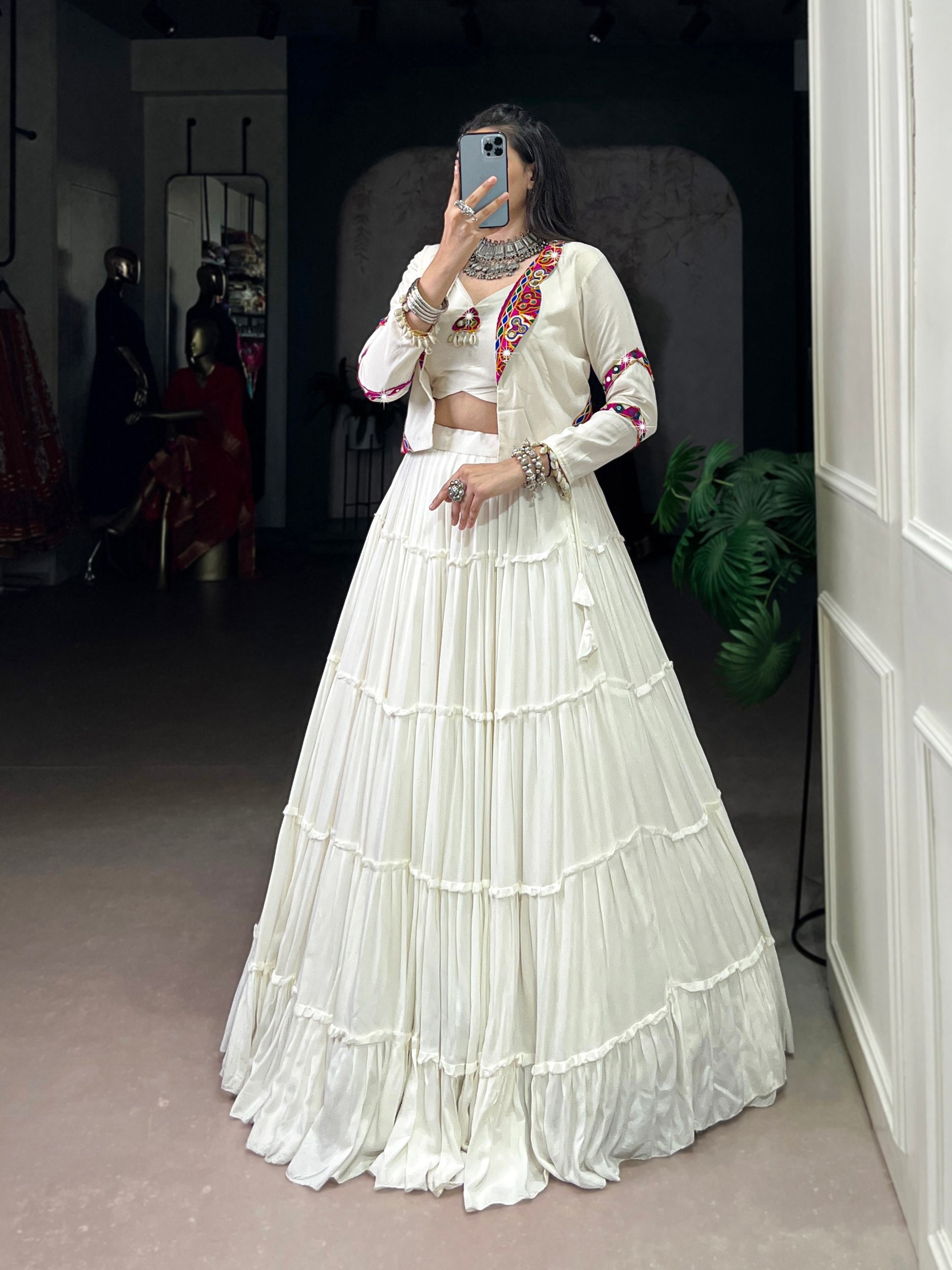 White Pure Rayon Traditional Gamthi Work Navratri Lehenga Choli