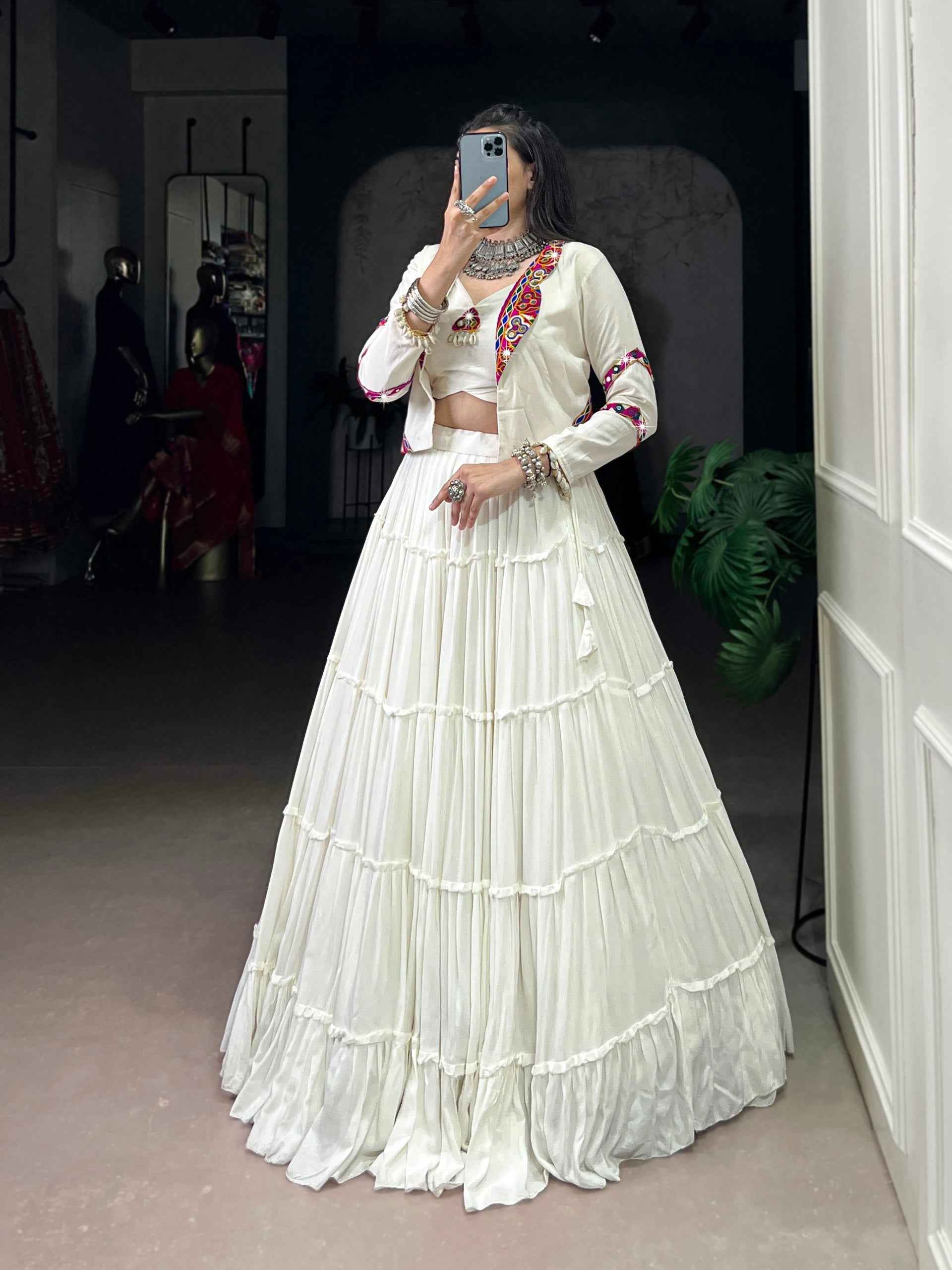 White Pure Rayon Traditional Gamthi Work Navratri Lehenga Choli