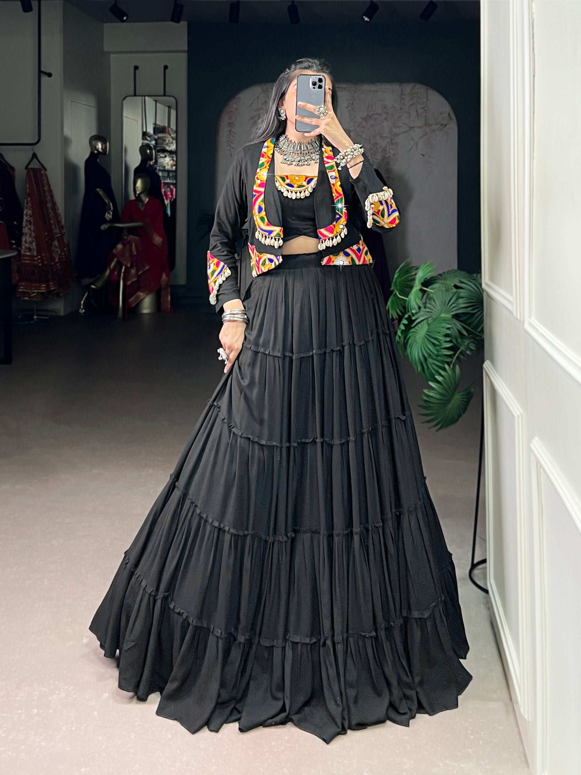 Black Pure Rayon Traditional Gamthi Work Navratri Lehenga Choli