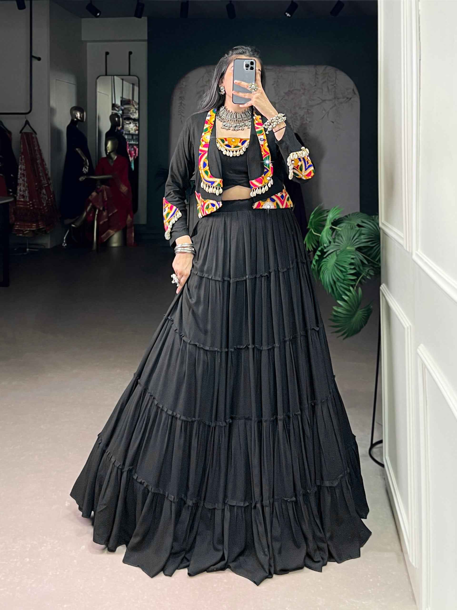 Black Pure Rayon Traditional Gamthi Work Navratri Lehenga Choli