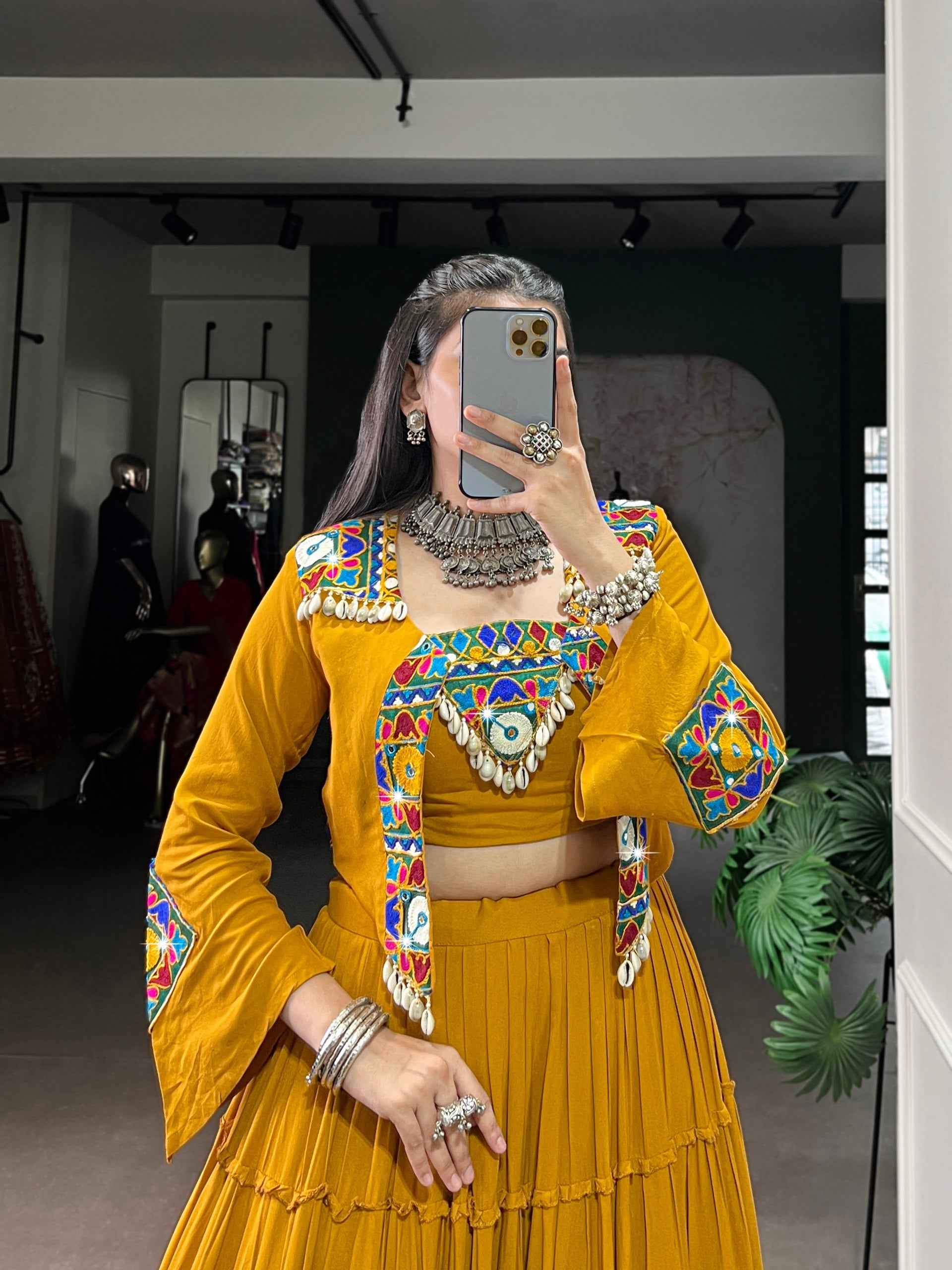 Mustard Pure Rayon Traditional Gamthi Work Navratri Lehenga Choli