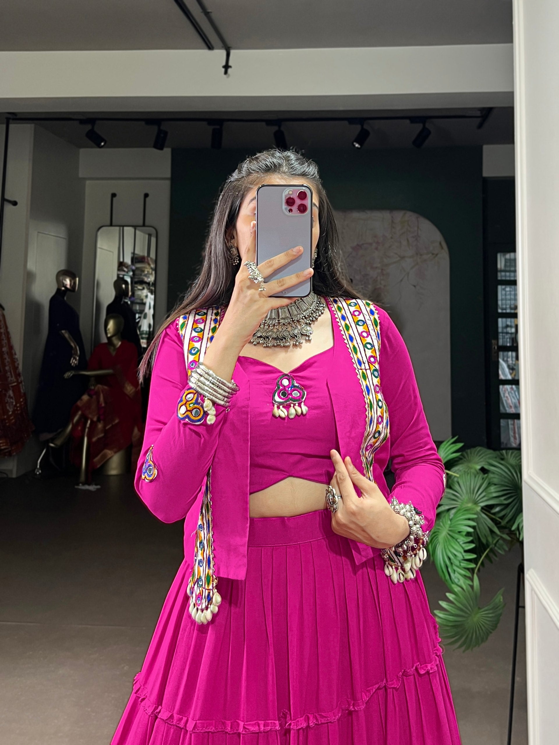 Pink Pure Rayon Traditional Gamthi Work Navratri Lehenga Choli