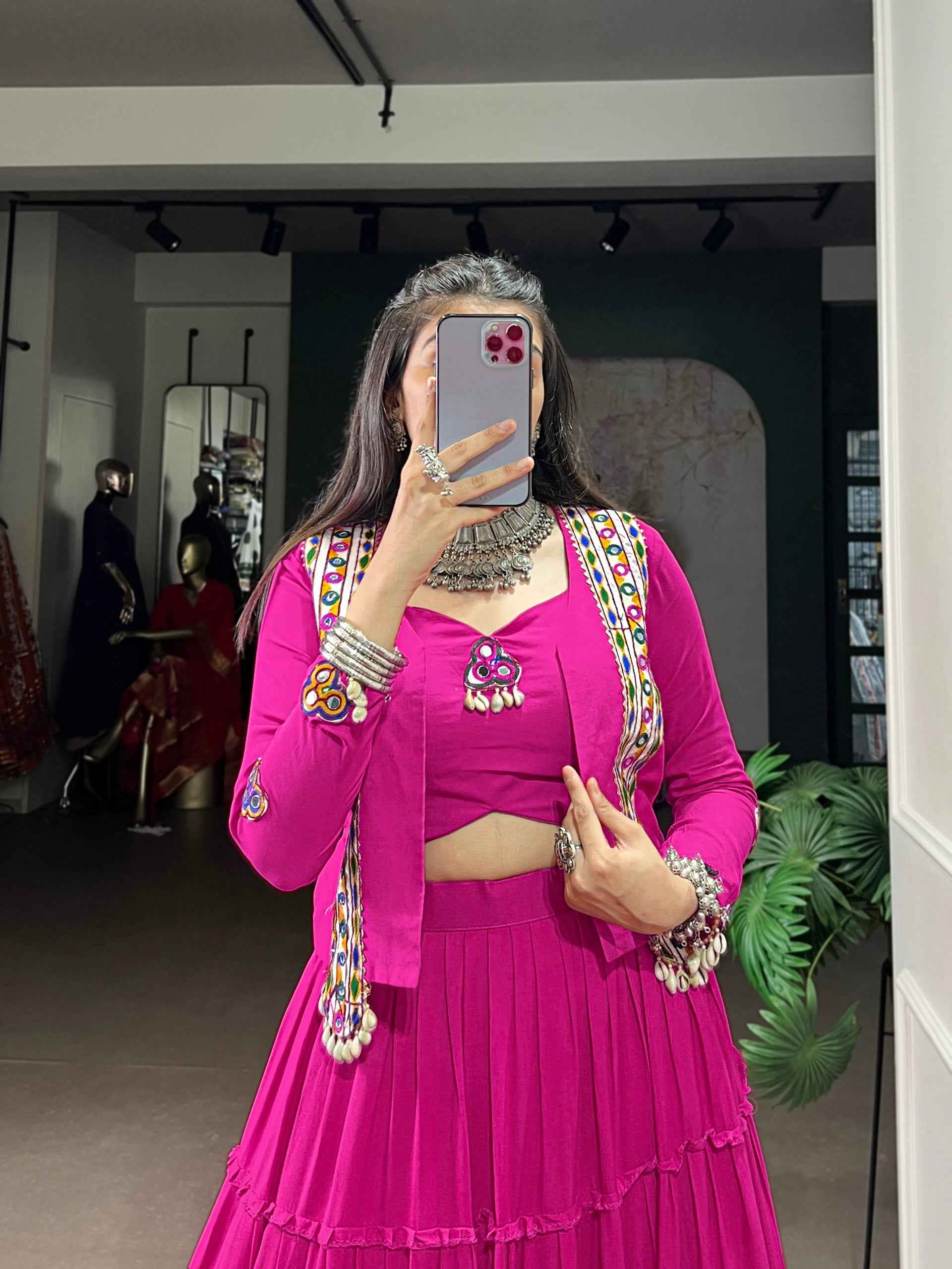 Pink Pure Rayon Traditional Gamthi Work Navratri Lehenga Choli