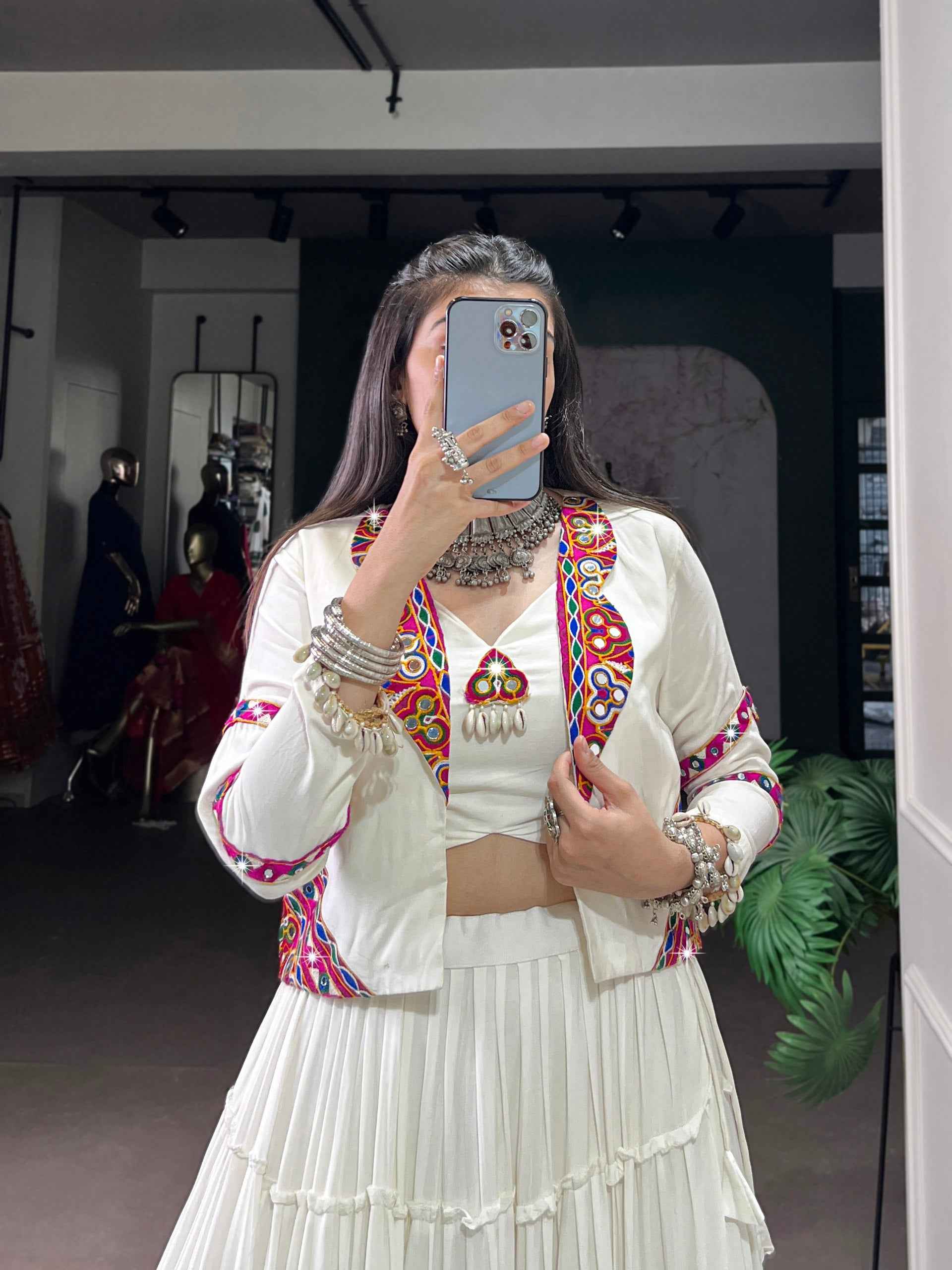 White Pure Rayon Traditional Gamthi Work Navratri Lehenga Choli