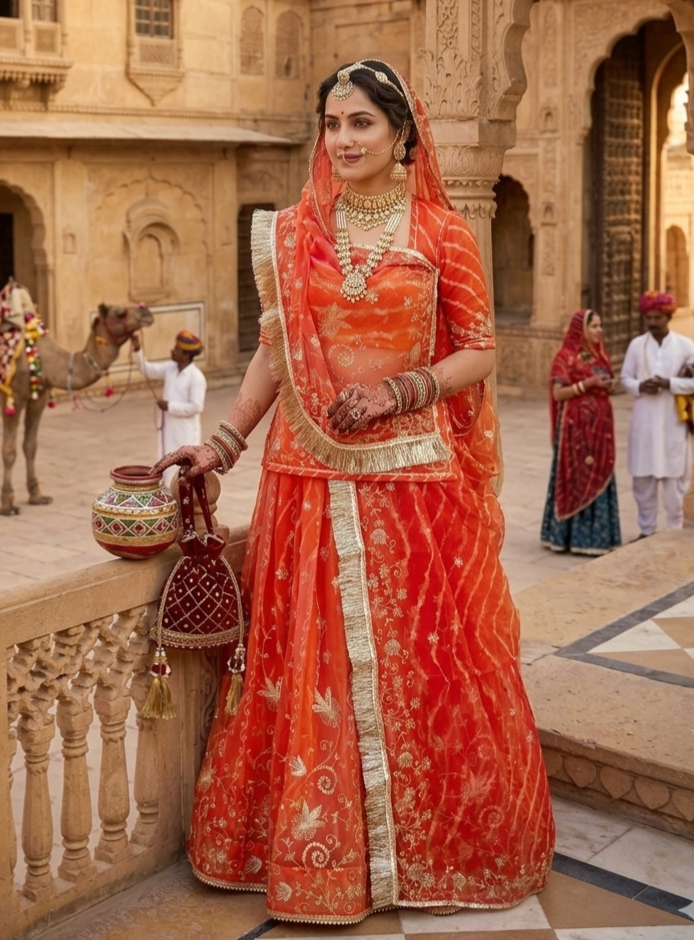 Orange Pure Semi Georgette Gotta Patti Rajasthani Rajputi Lehenga Choli