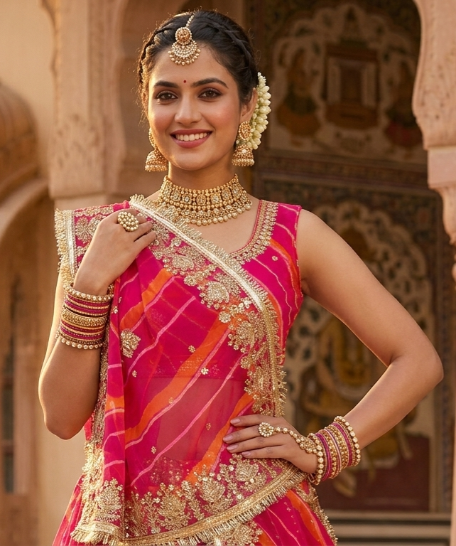Orange Pure Semi Georgette Lahariya Print Gotta Patti Rajasthani Rajputi Lehenga Choli
