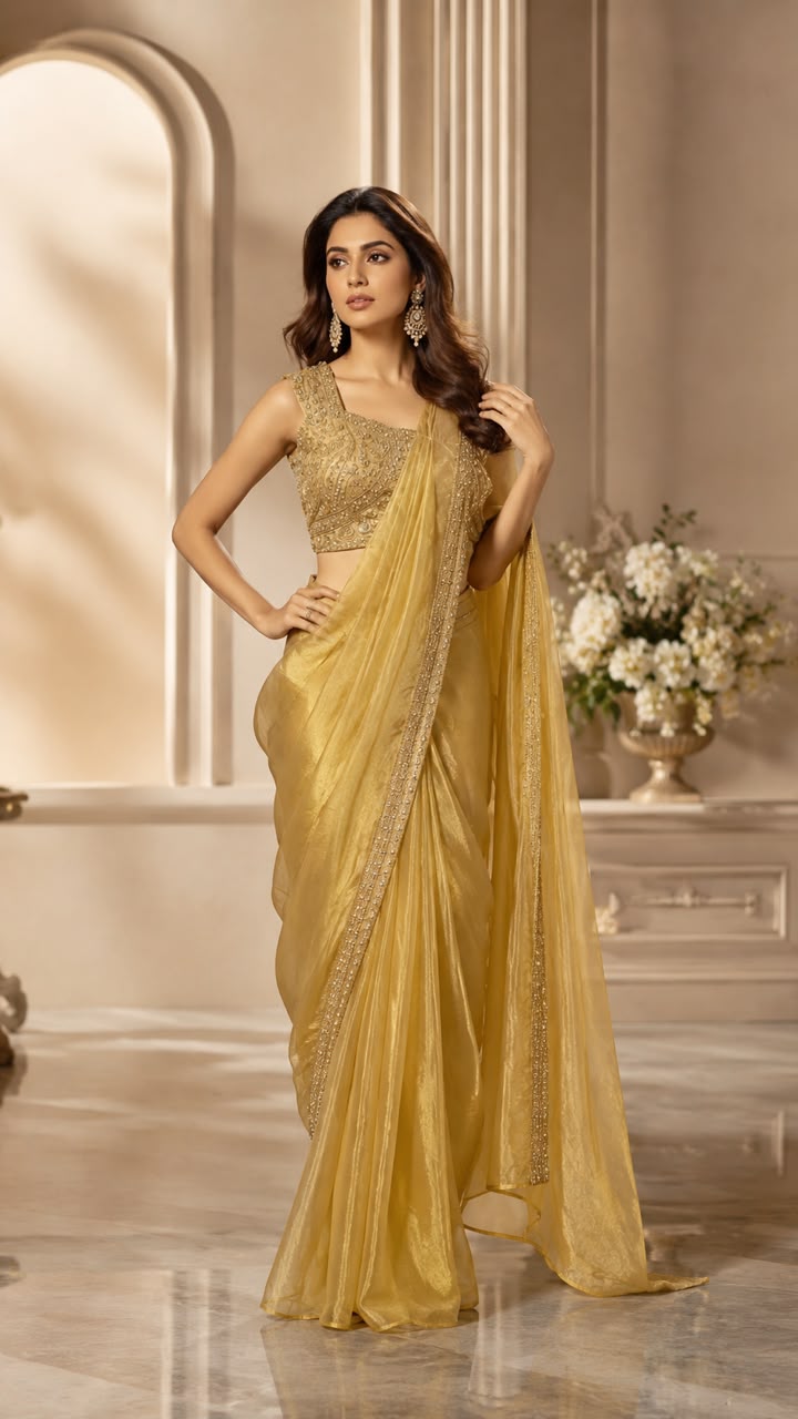 Gold Pure Imported Fendi Silk Ready to Wear Saree