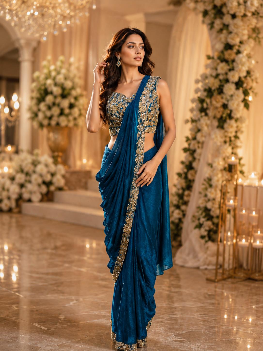 Blue Pure Imported Fendi Silk Ready to Wear Saree