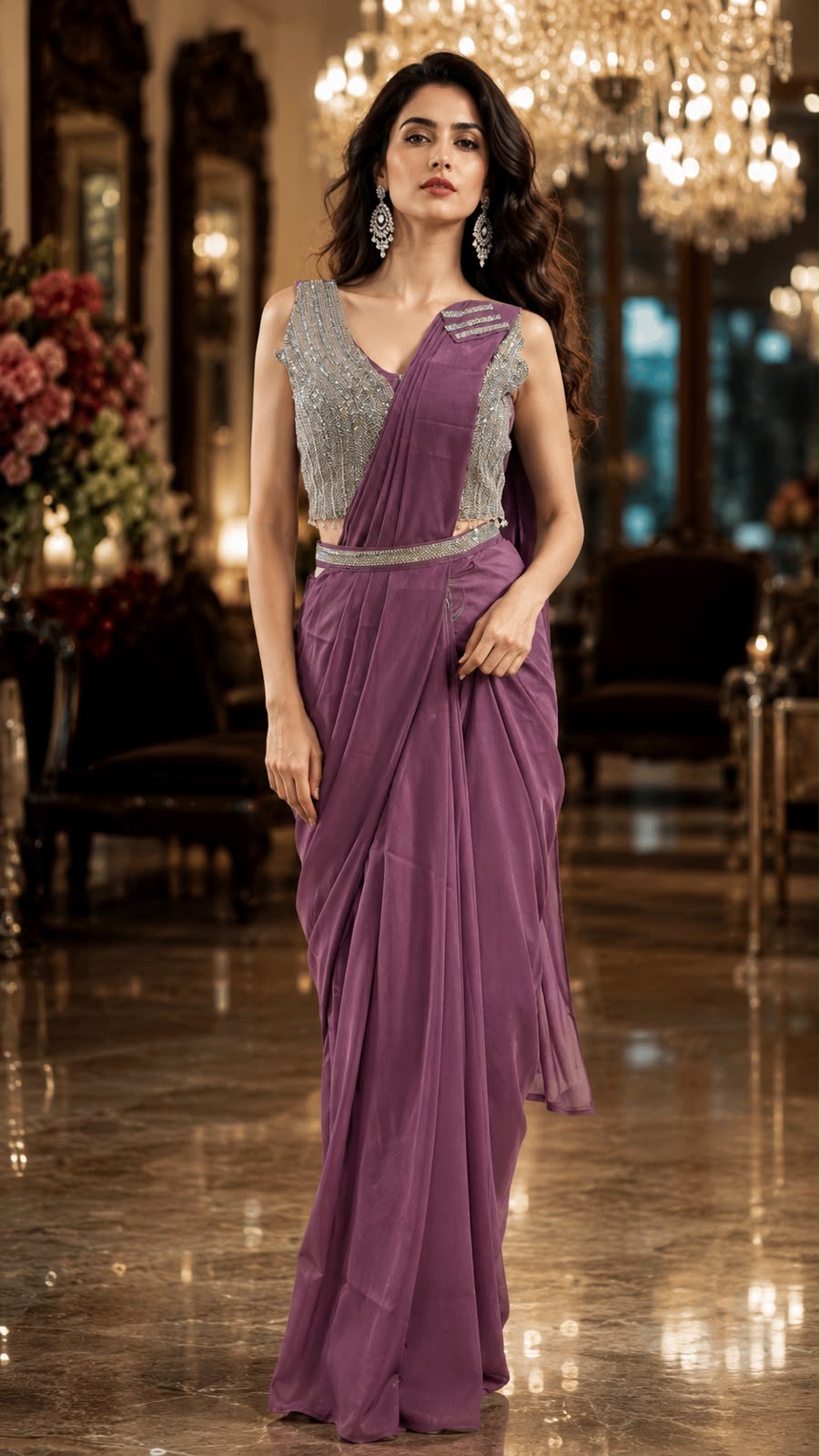 Purple Pure Imported Fendi Silk Ready to Wear Saree