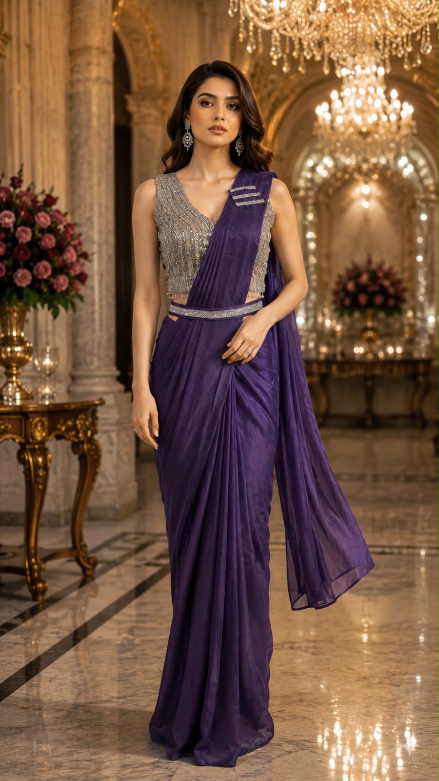 Purple Pure Imported Fendi Silk Ready to Wear Saree