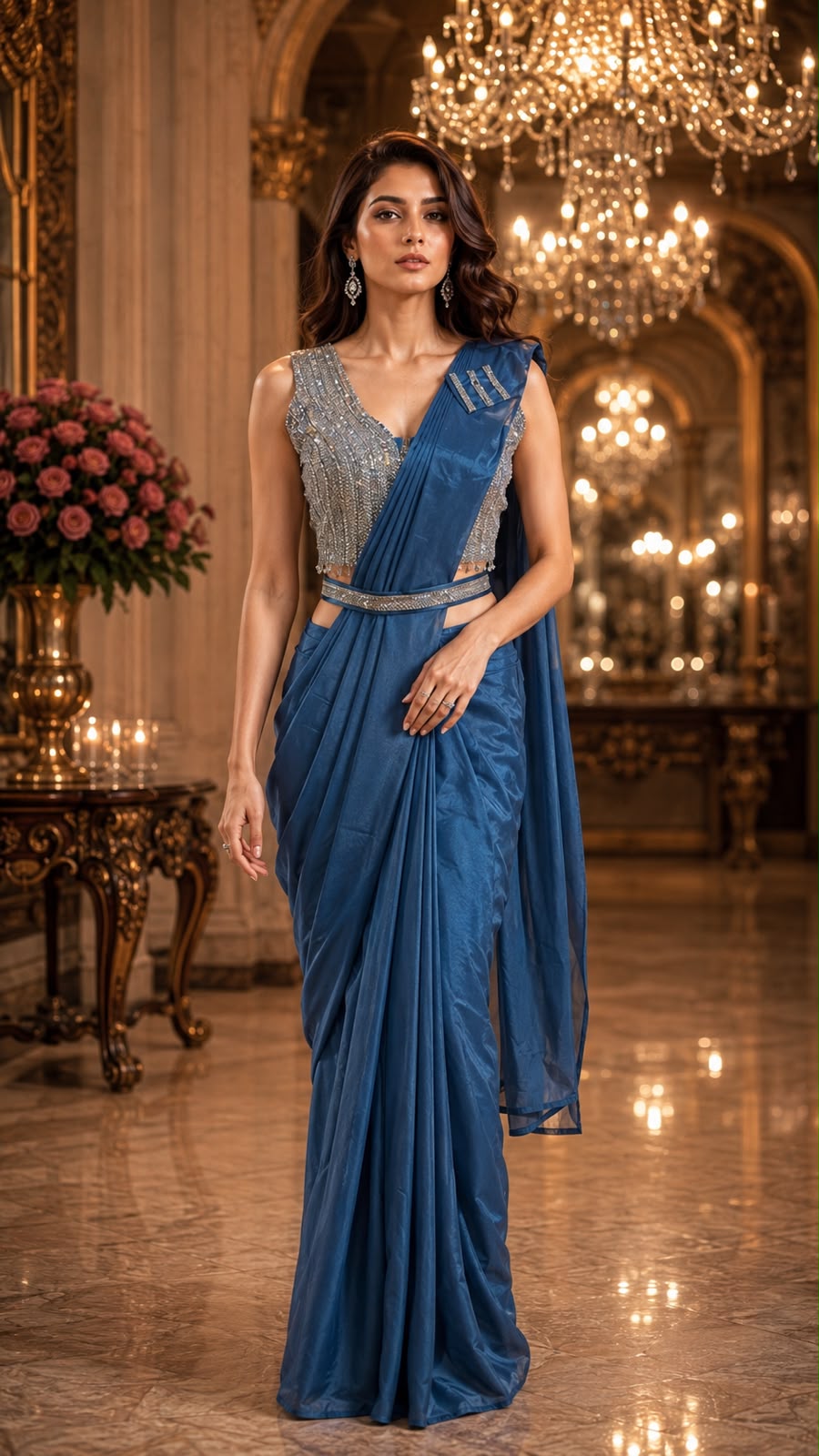 Blue Pure Imported Fendi Silk Ready to Wear Saree