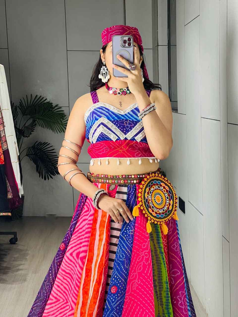 Multicolor Pure Faux Georgette Traditional Multi Prints kali Navratri Lehenga Choli