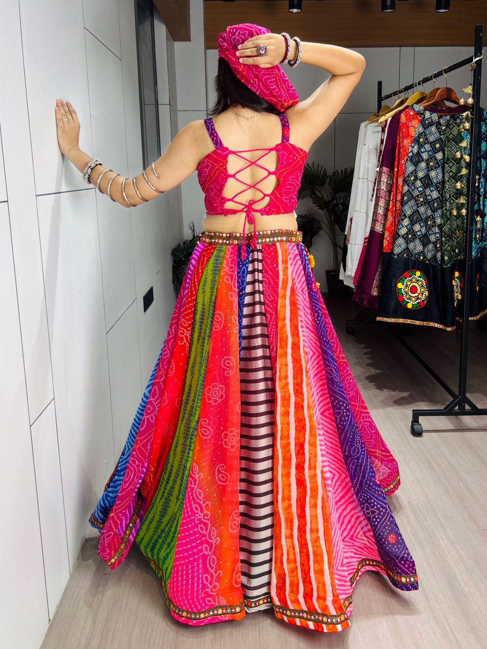 Multicolor Pure Faux Georgette Traditional Multi Prints kali Navratri Lehenga Choli
